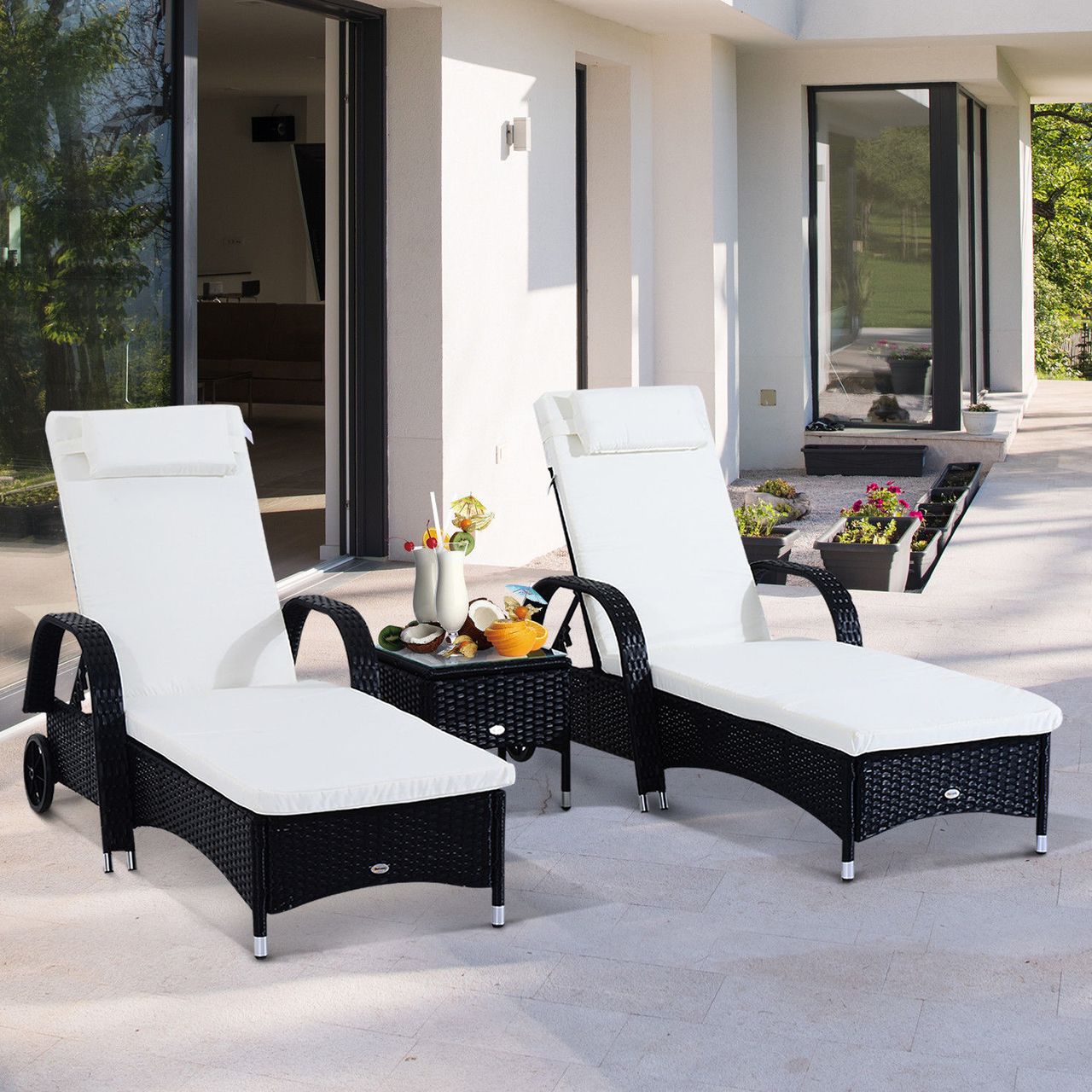 Outsunny 2 Sonnenliegen mit Tisch 3er-Set