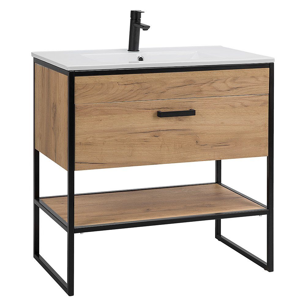 Lomadox Badmöbel-Set MANHATTAN-56, (4-St), Gold Craft Oak Eiche/schwarz 135/200/46cm