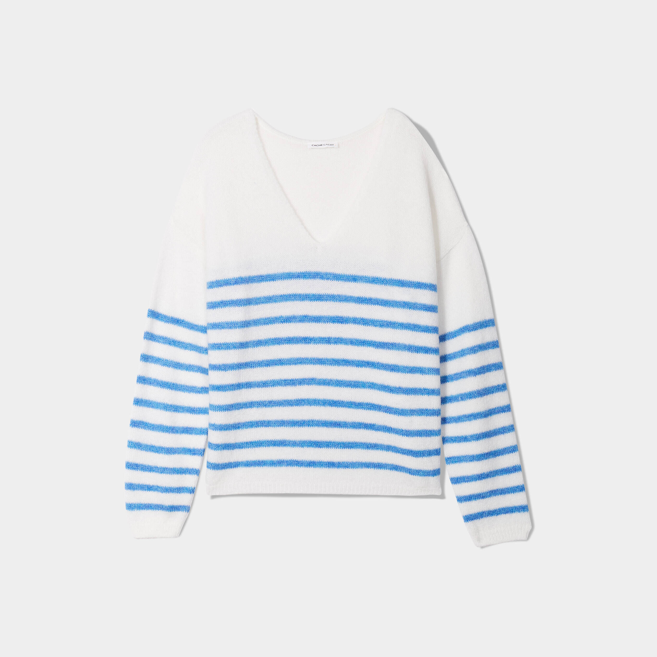 Pull manches longues col en V bleu femme | Cache Cache