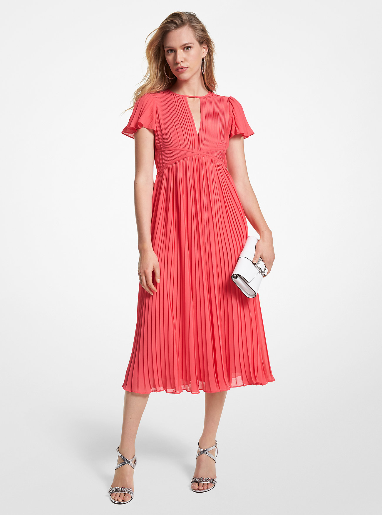 Pleated Georgette Midi Dress - GERANIUM