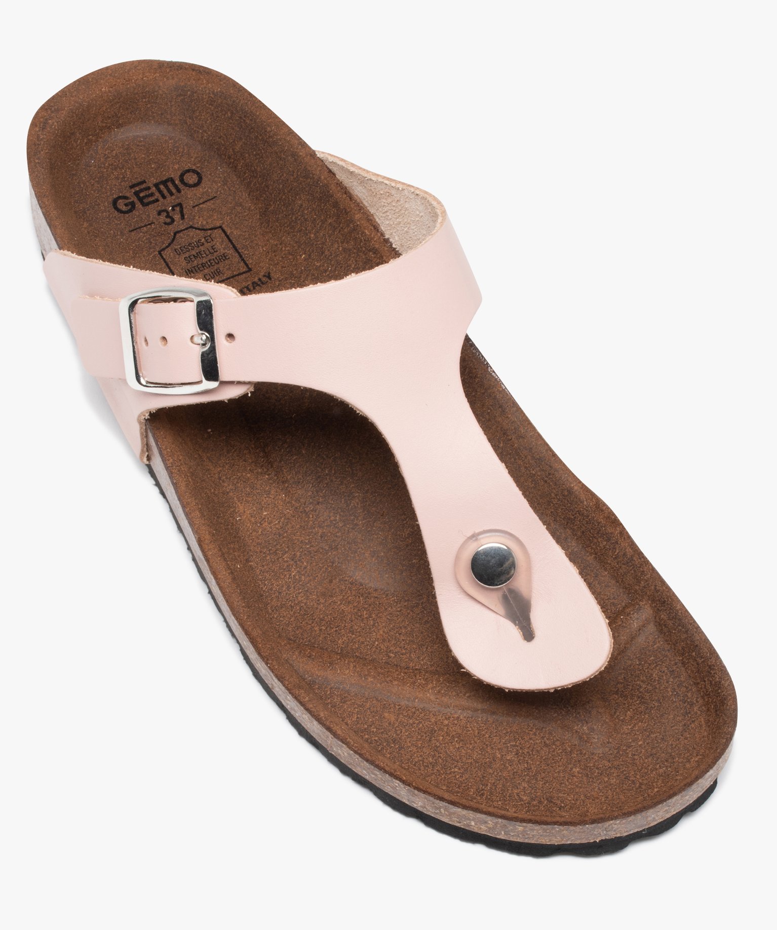 Mules femme à talon plat et bride entre-doigts en cuir rose | GEMO