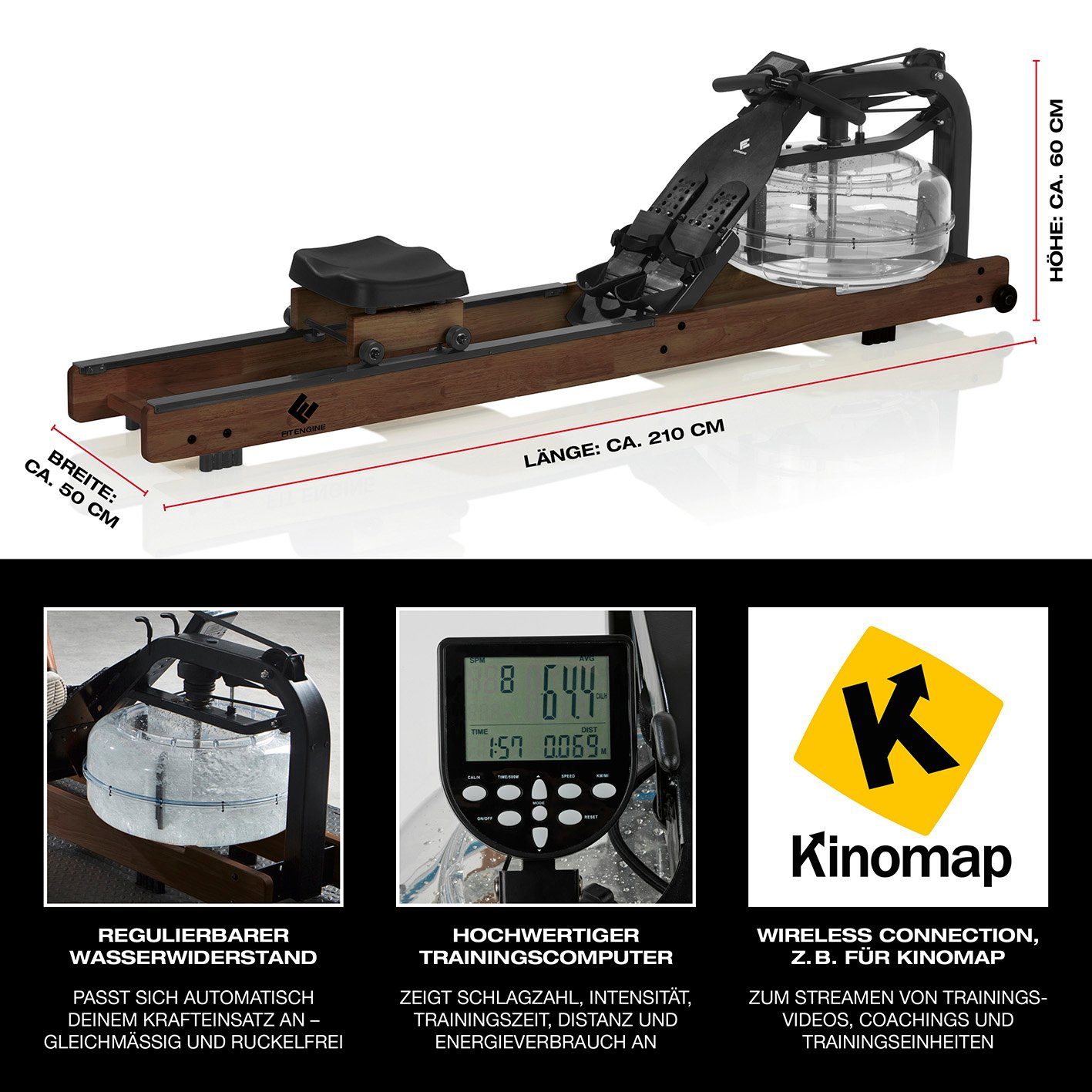 FitEngine Rudergerät Wasserwidertand Smart braun 153kg 210cm
