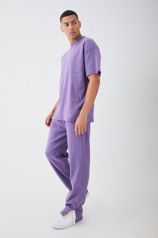 Geripptes Ottoman T-Shirt & Jogginghose mit geteiltem Saum
