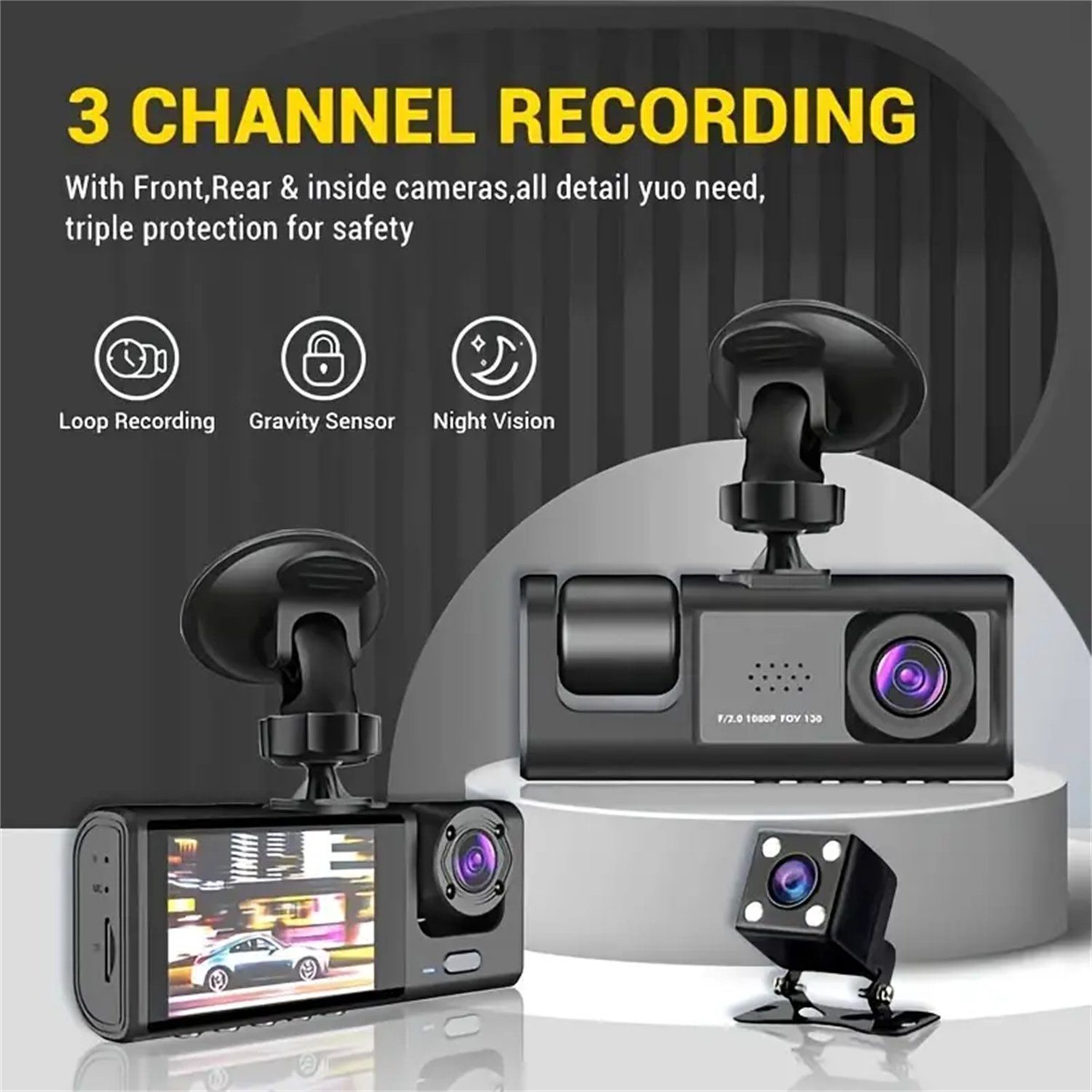 autolock 3-Kanal Dashcam vorne und hinten innen, 1080P Dashcam IR Nachtsicht Dashcam