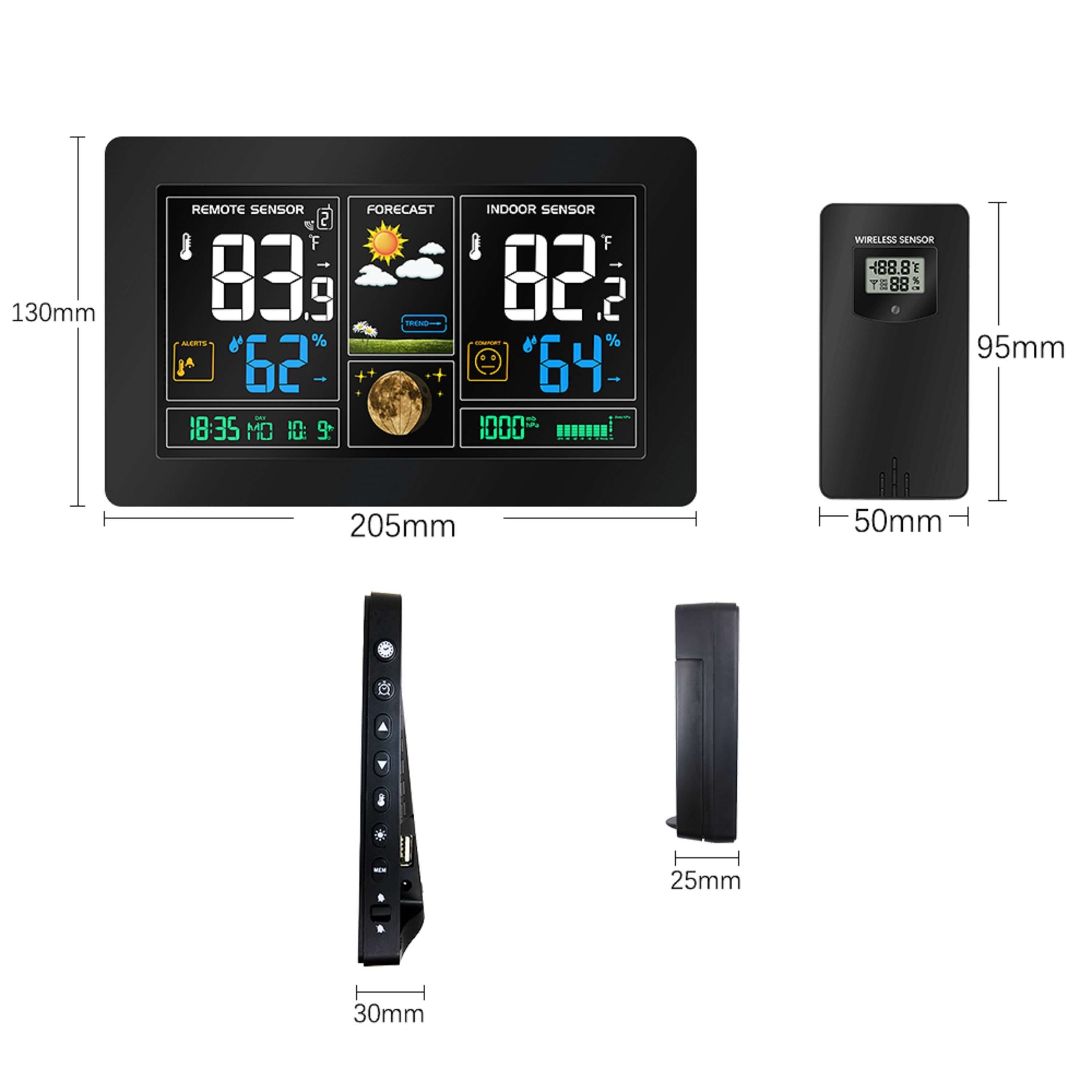 echos Eco-450 Funkwetterstation (mit Funk-Außensensor, Wettervorhersage mit Kalender, Mondphasenanzeige, Farbdisplay mit Dimmfunktion, Alarmfunktion, Funk-Außensensor mit LCD-Display)
