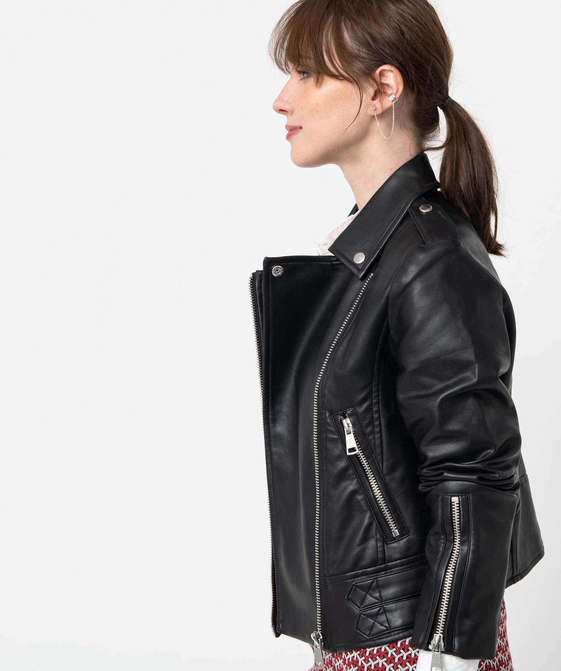 Blouson femme esprit biker avec zips et boucles en métal noir | GEMO