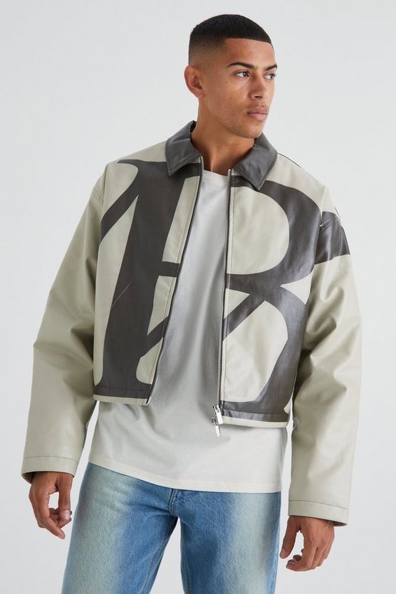Kastige PU Harrington-Jacke mit Bm-Print