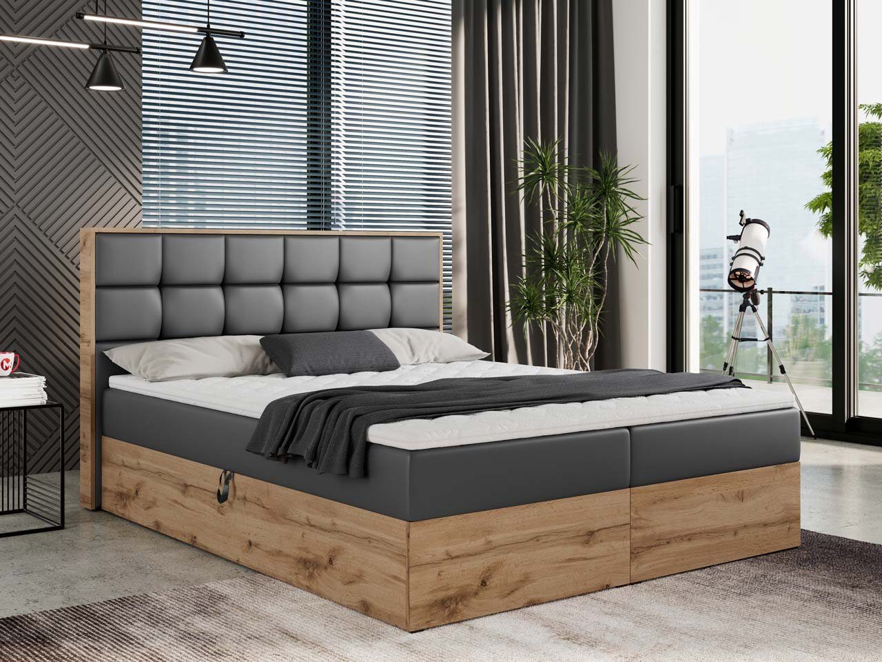MKS MÖBEL Boxspringbett ALBERO 1, Doppelbett, Multipocket-Matratze, Eiche Holzrahmen, Praktisch