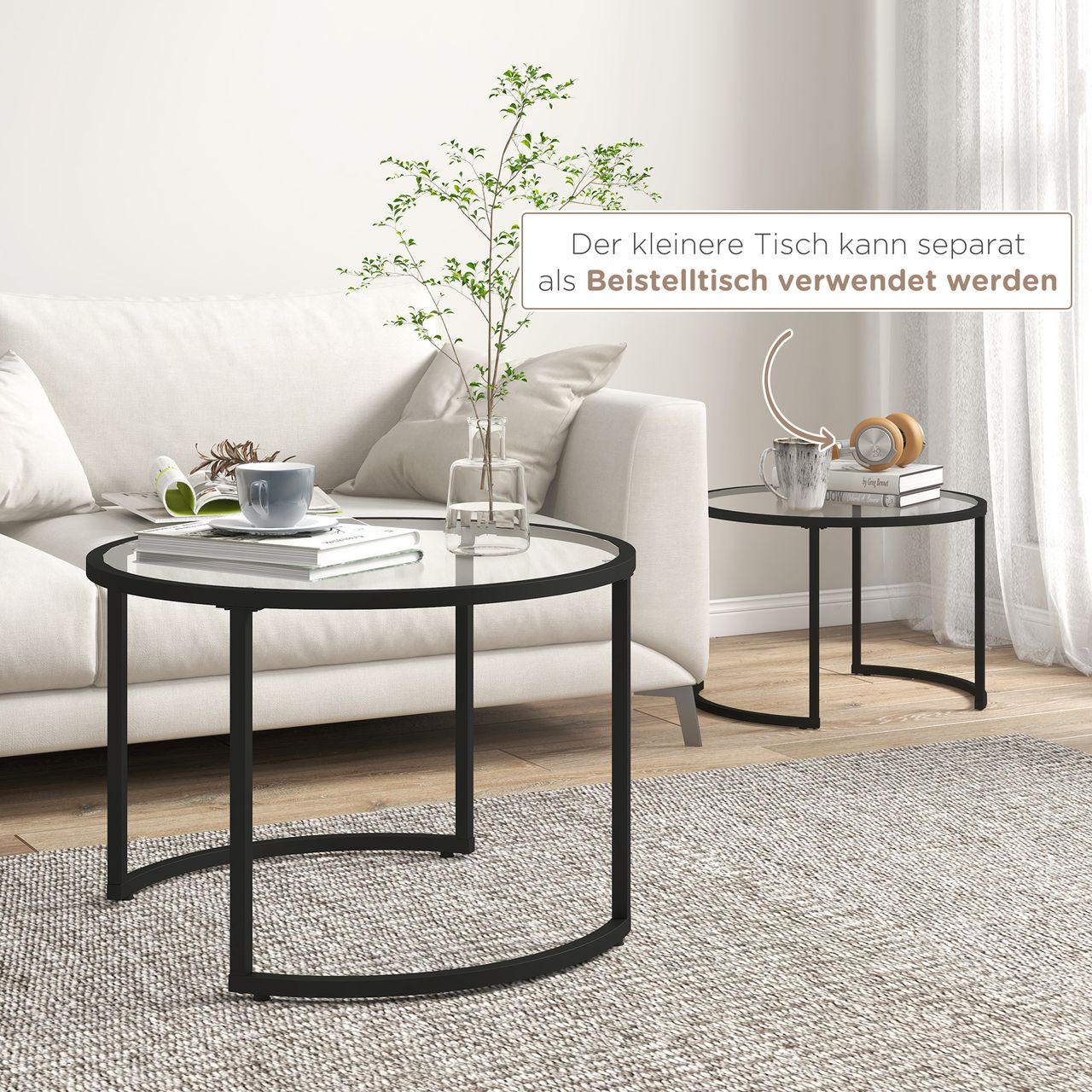 HOMCOM Couchtisch 2er-Set, Beistelltisch mit Stahlgestell, Kaffeetisch, Schwarz