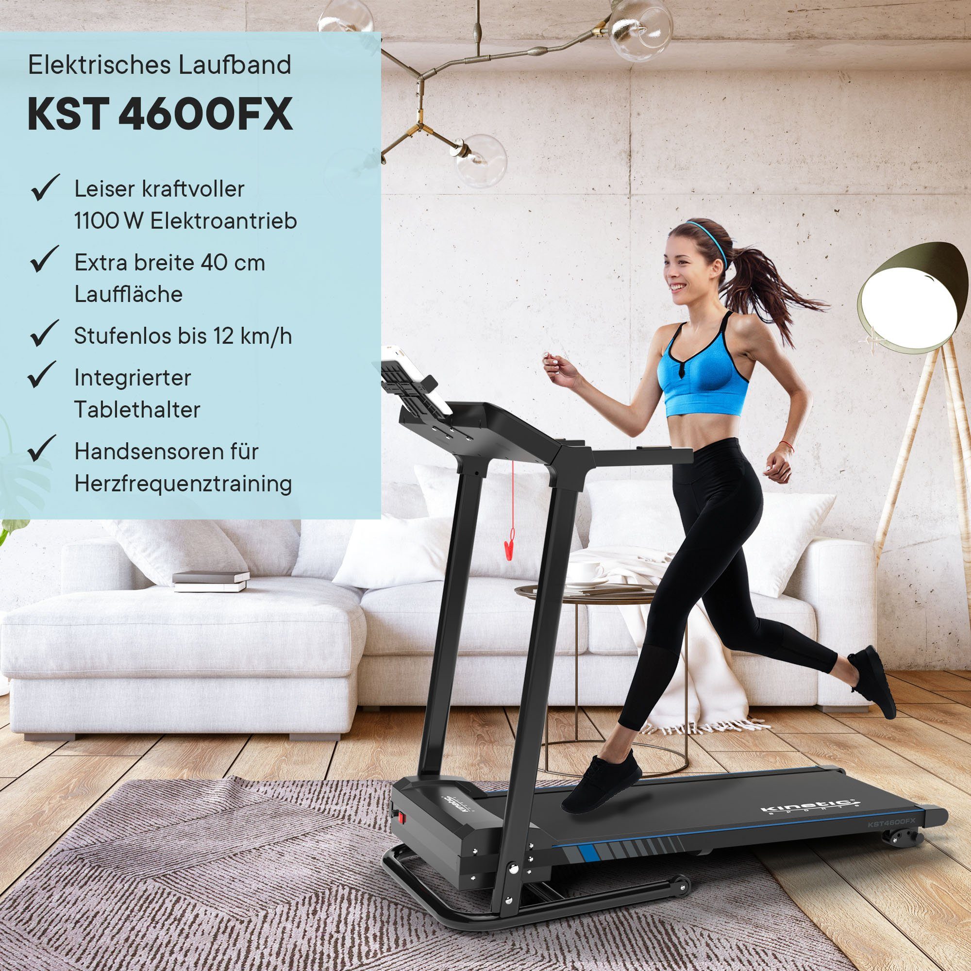 Kinetic Sports Laufband KST4600FX, 40 cm breite Lauffläche, LCD Display, 1100 Watt Motor, bis 12 km/h