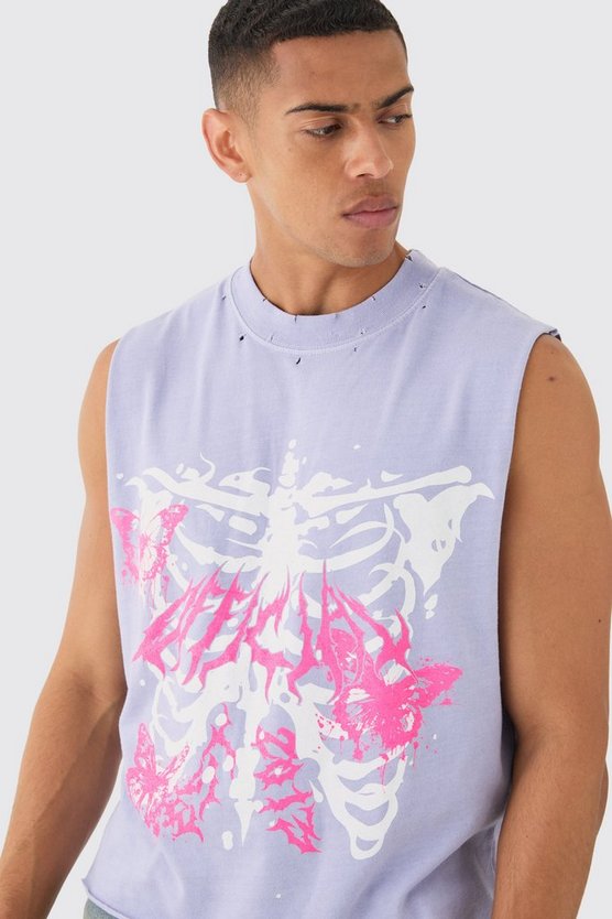 Zerrissenes Oversize Tanktop mit Gothic Graffiti-Print