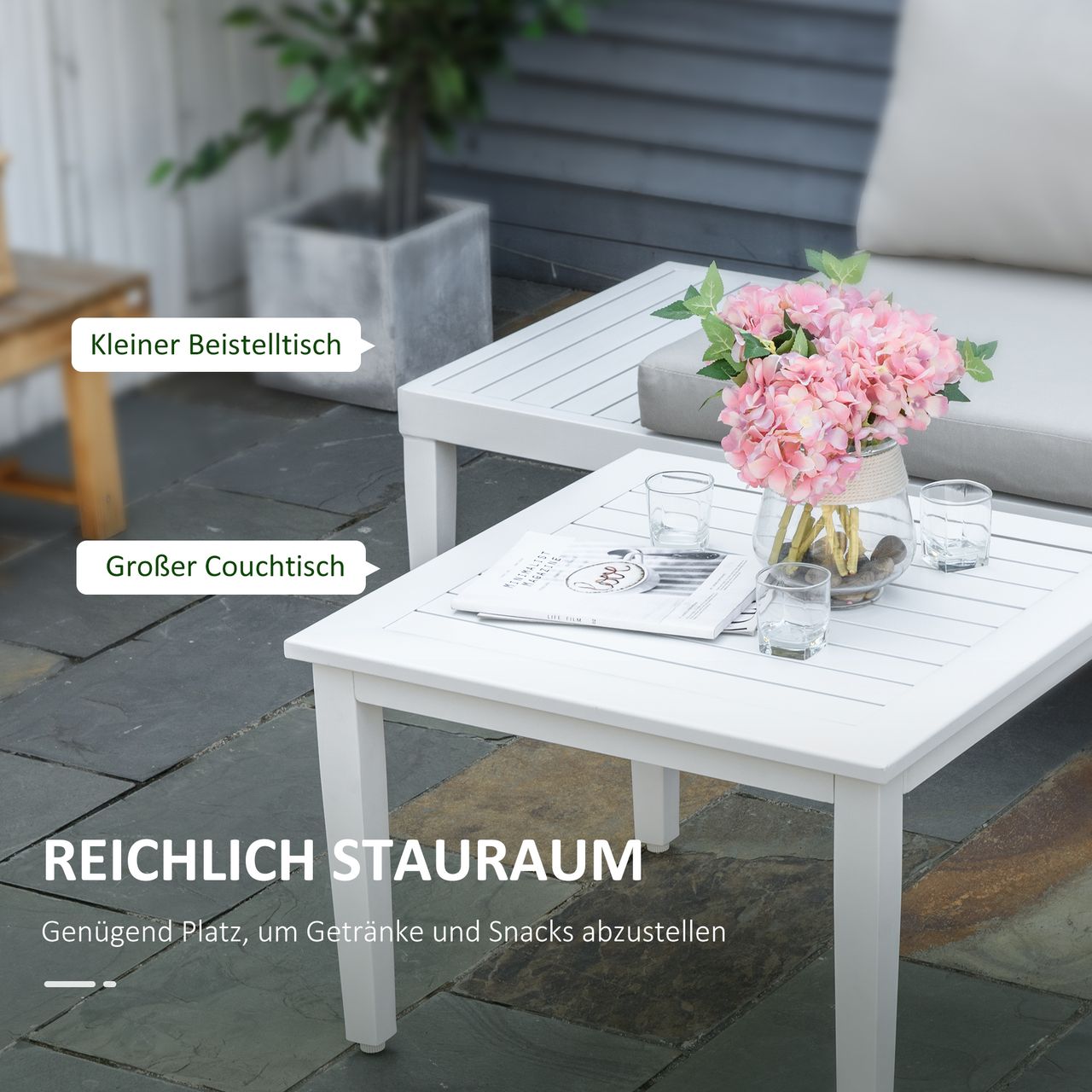 Outsunny 3-teiliges Gartenmöbel-Set mit Beistelltisch Balkonmöbel Set Sofa mit Kissen L-Form Outdoor Aluminium Cremeweiß