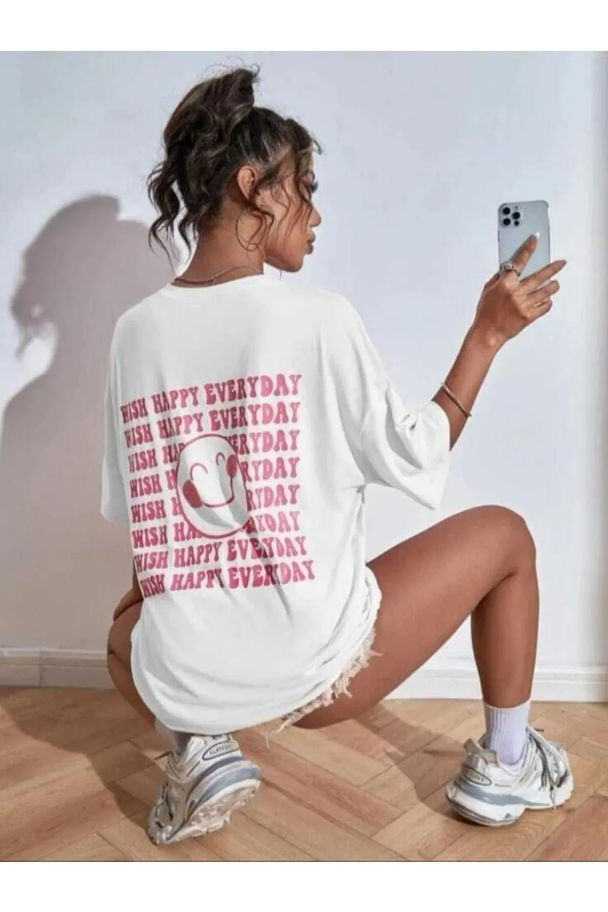 Know  Weißes Oversize-T-Shirt mit „Wish Happy Everyday“-Aufdruck für Damen