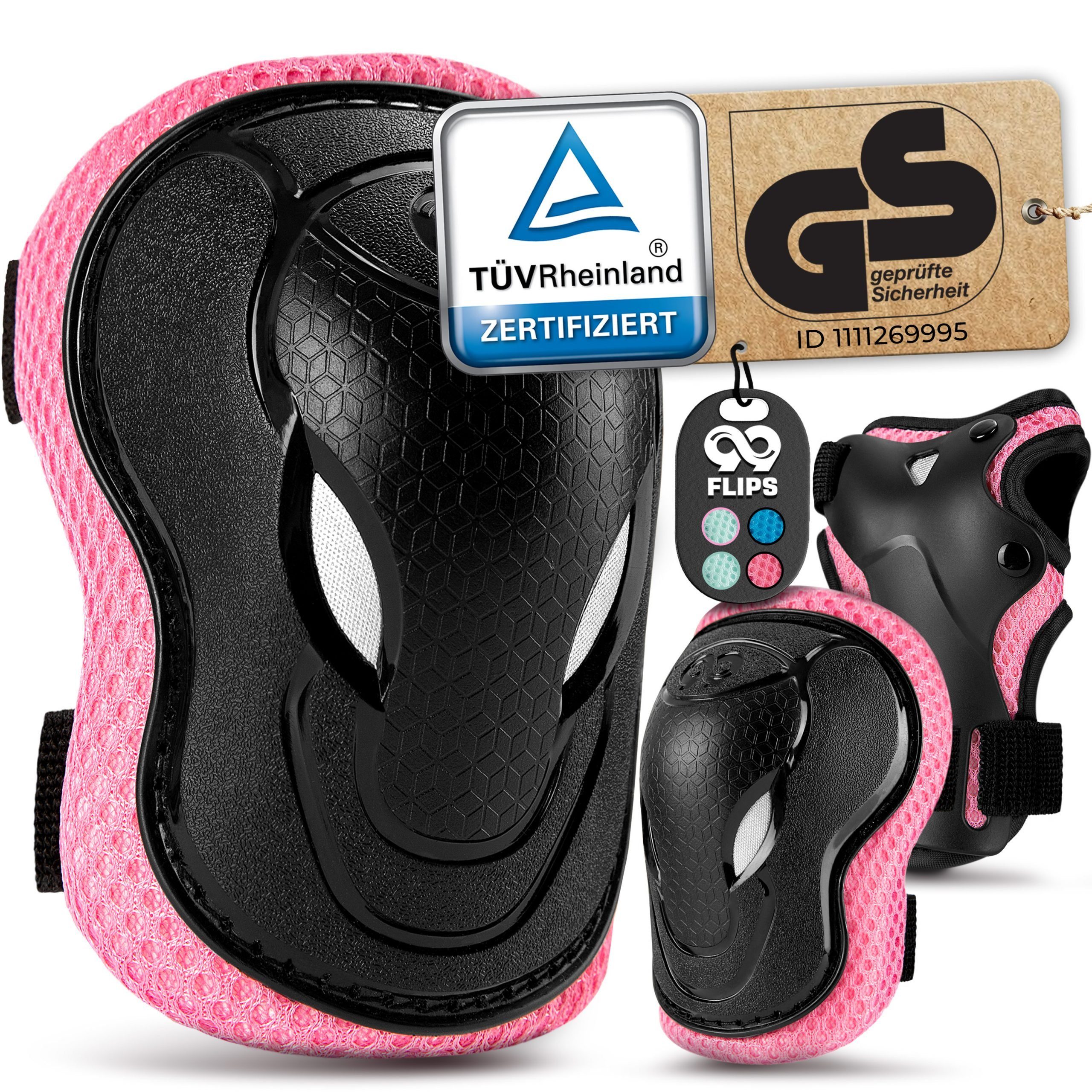 99FLIPS Protektoren-Set Inliner Schoner Kinder Protektoren Schützer Set mit Knieschoner (Skateboard Schutzausrüstung Geschenke für Kinder, 6-tlg., Knieschützer ab 3 Jahre mit Ellenbogenschoner & Handschonern), Skateboard Kinder ab 3 - Schlittschuhe f