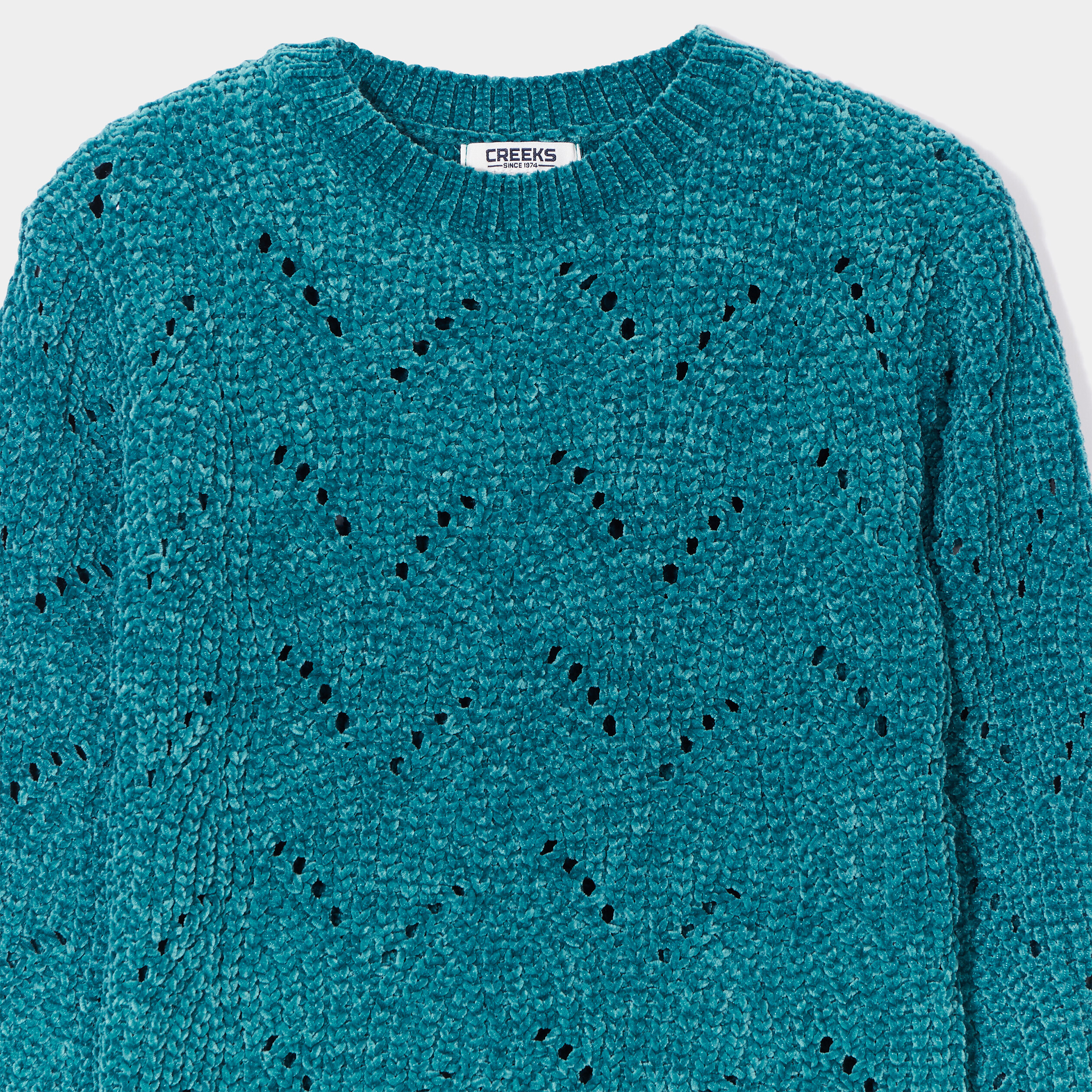 Pull col rond détails ajourés Creeks vert canard fille | La Halle