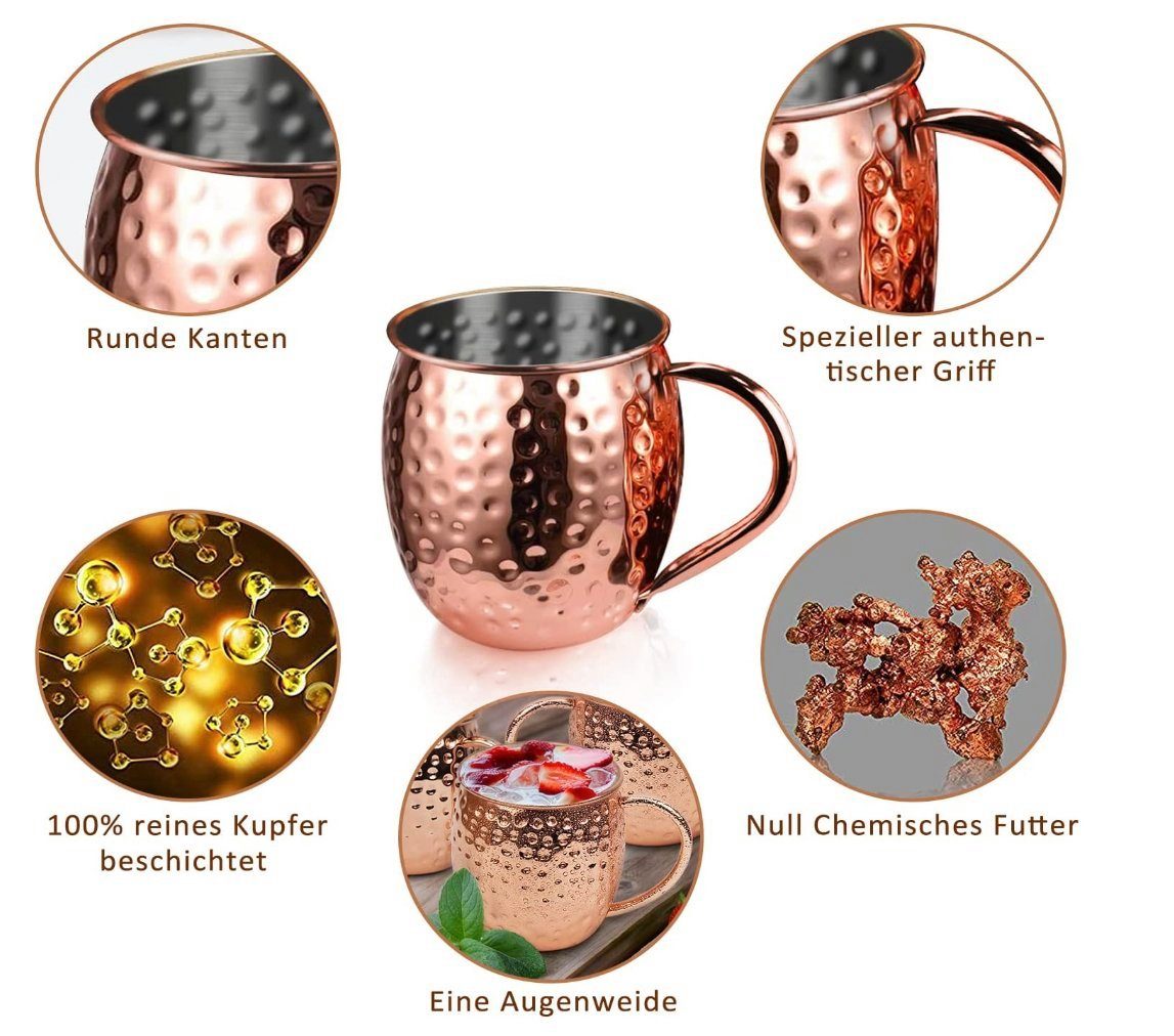 Faizee Möbel Tasse Cocktailglas Moscow Mule Becher Kupferbecher 500ml Fassungsvermögen, Kupfer/Edelstahl