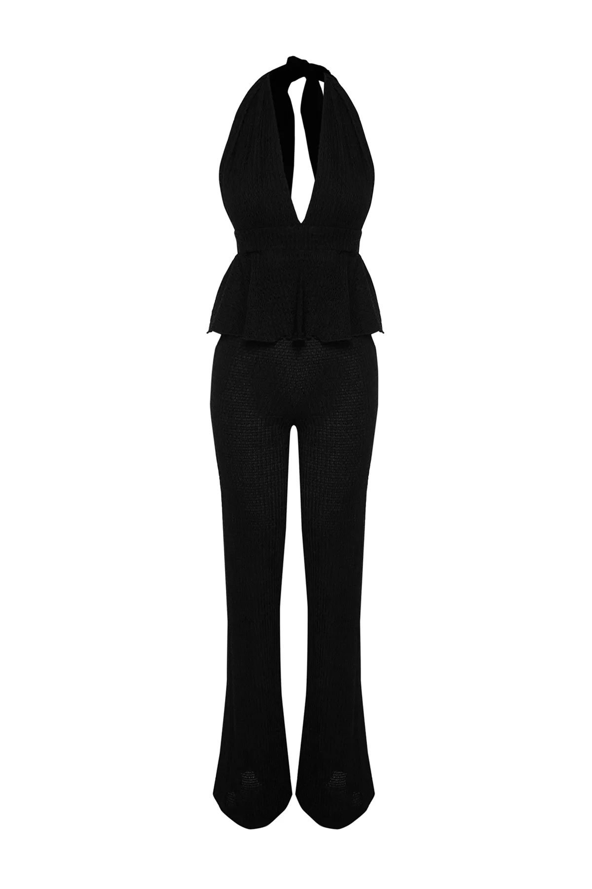 Trendyol Collection  Schwarzes Strick-Rücken-Set mit tief ausgeschnittener Bluse und Hose TBESS24AU00001