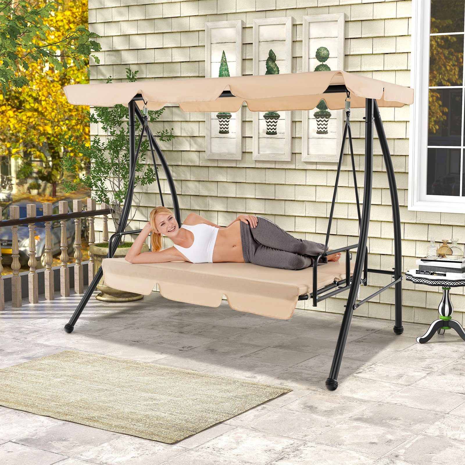 COSTWAY Hollywoodschaukel 2 in 1 Flachbett, 2,00-Sitzer, mit Dach
