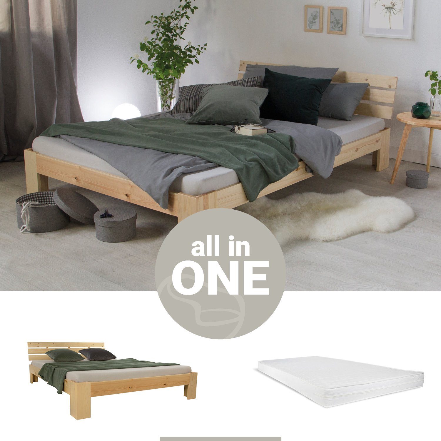 Homestyle4u Holzbett Doppelbett mit Matratze Lattenrost 140x200 cm Bett