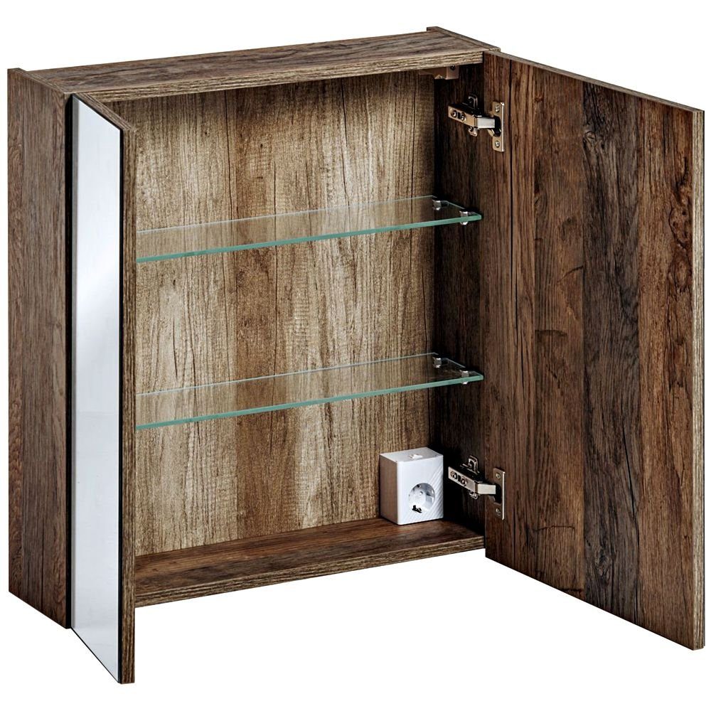 Lomadox Spiegelschrank PUEBLA-56 60cm mit LED-Beluchtung in Vintage Oak Nb. B/H/T ca. 60/75/17 cm