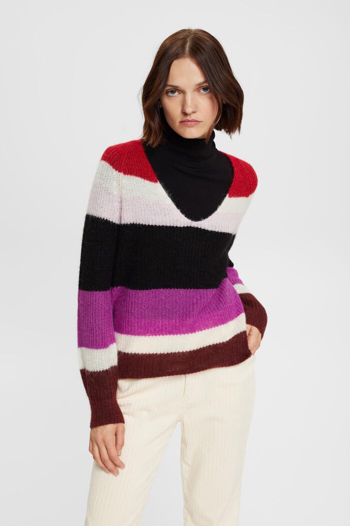 Gestreifter V-Pullover mit Wolle und Alpaka