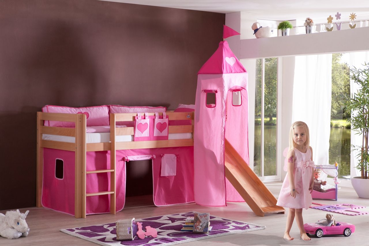 Relita Halbhohes Spielbett ALEX mit Rutsche/Turm Buche massiv natur lackiert mit Stoffset pink/herz