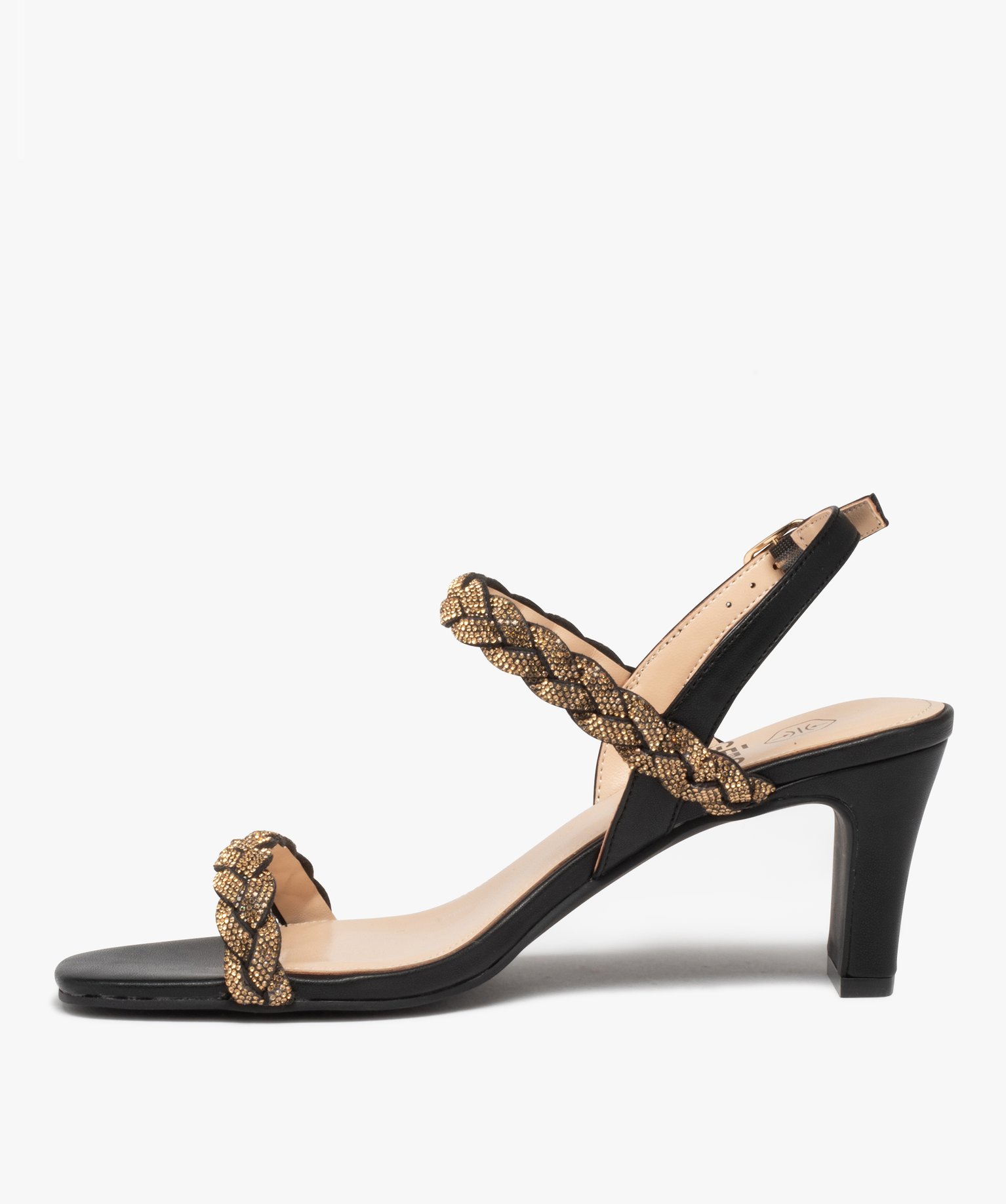 Sandales femme à talon et brides tressées en strass noir | GEMO