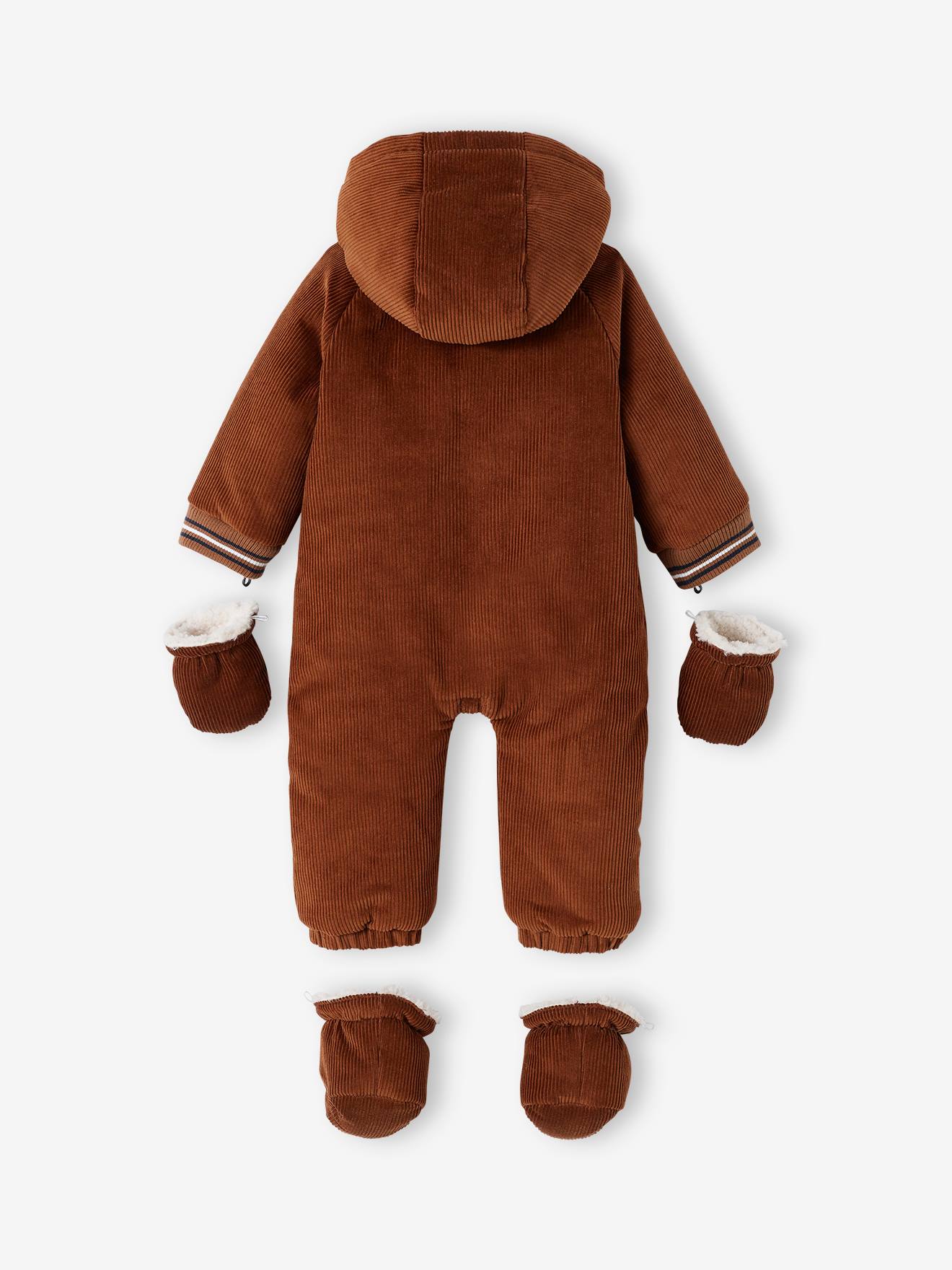 Combi-pilote en velours côtelé bébé avec pieds et moufles détachables beige