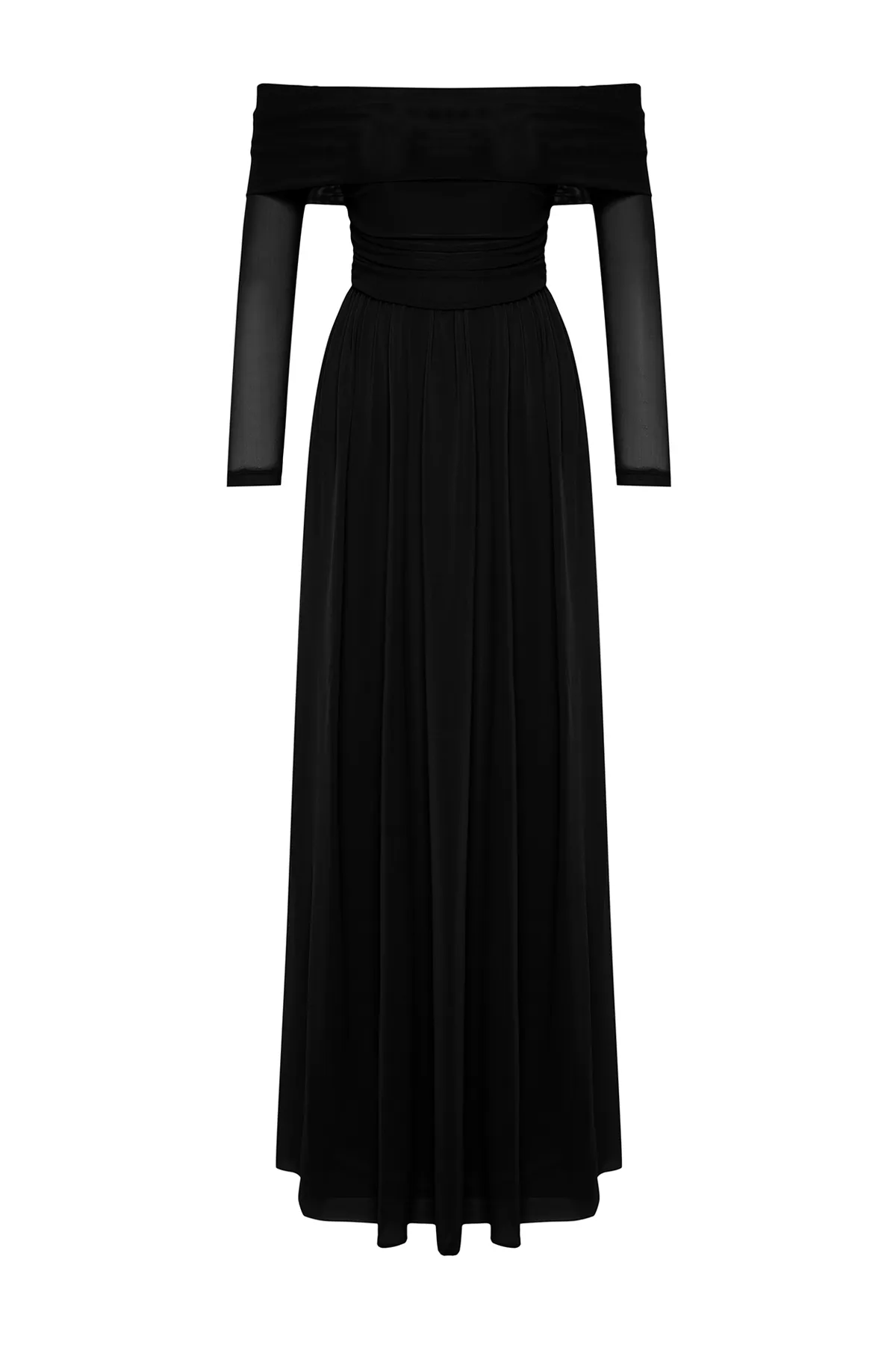 Trendyol Collection  Schwarzes langes Abendkleid aus Tüll mit Carmenkragen TPRSS24AE00068