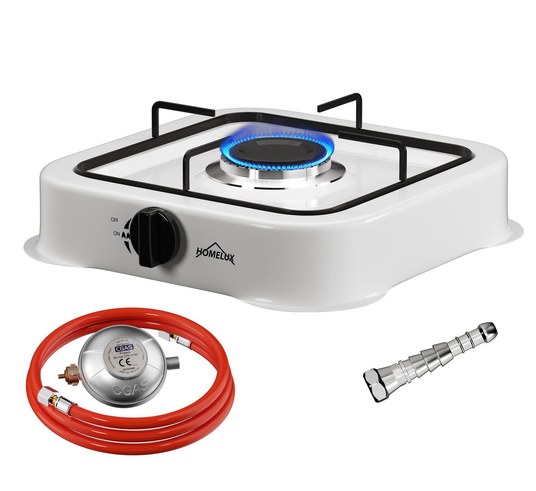 HOMELUX Gaskocher Campingkocher mit 1,5M Anschlussschlauch und Druckminderer 50 mbar, (Camping Gasherd Kocher)