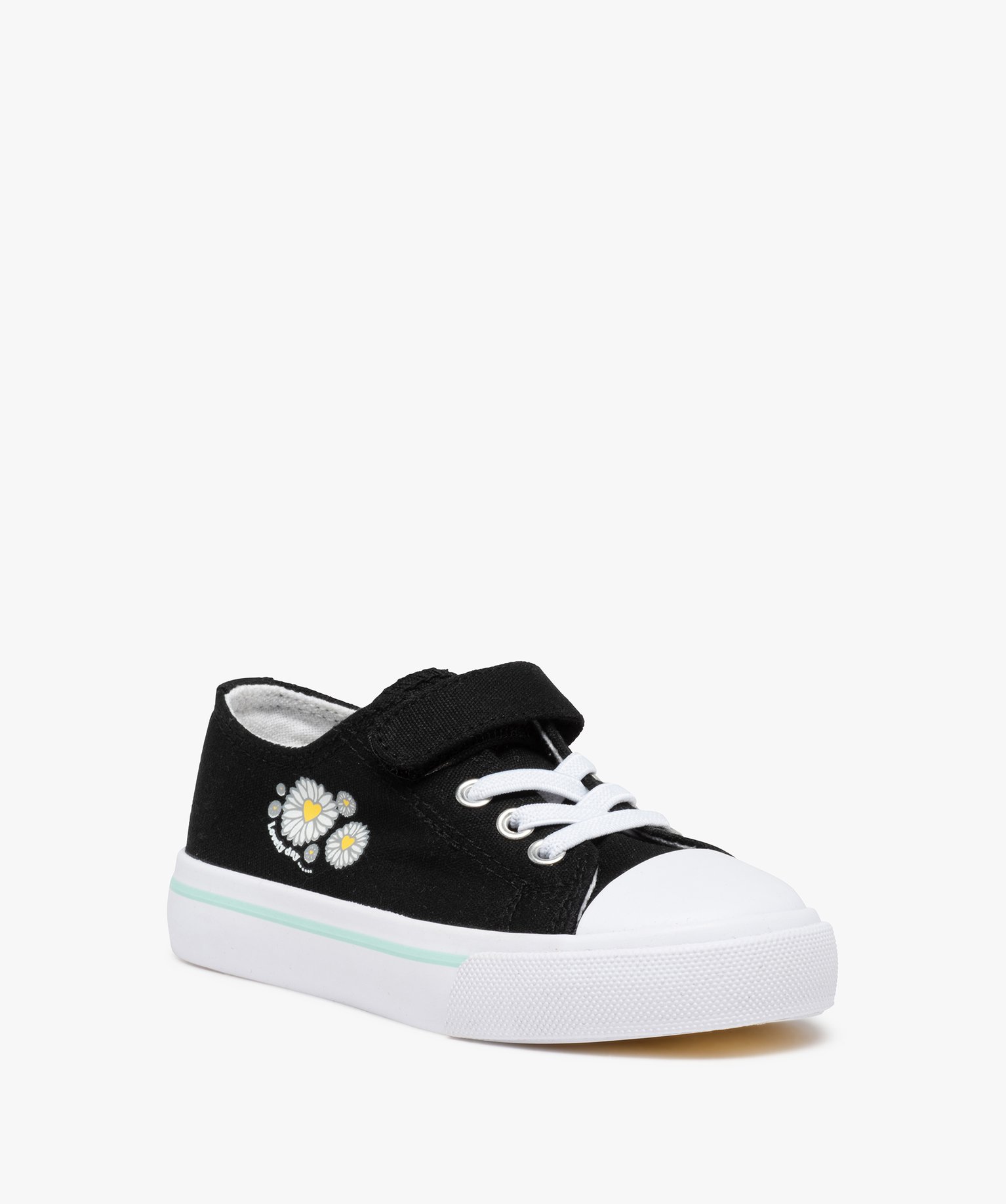 Baskets fille en toile avec motif marguerite sur le coté noir noir | GEMO