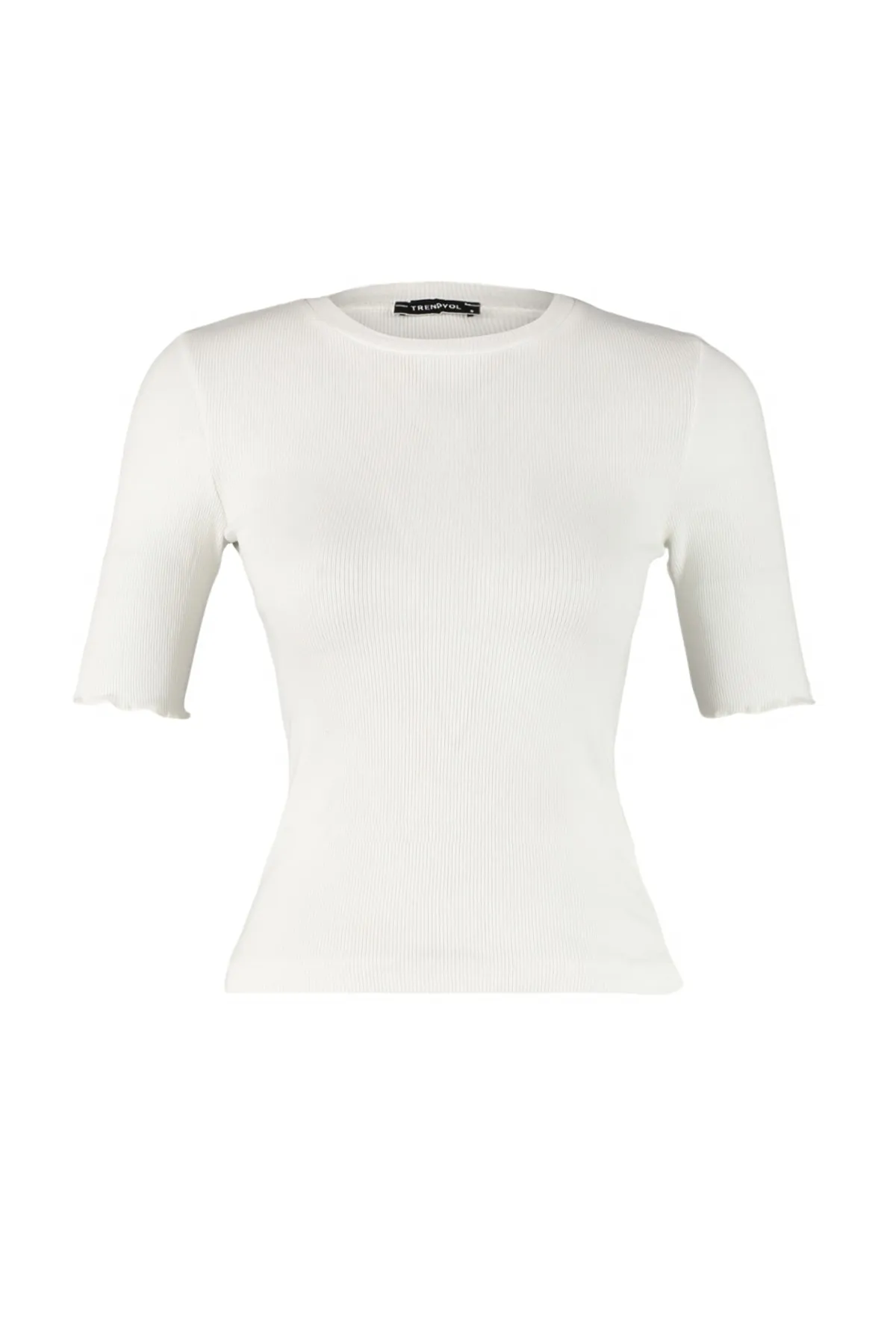 Trendyol Collection  Ecrufarbene, taillierte/taillierte Rundhals-Bluse aus flexiblem Strick mit Kordelzug TWOSS23BZ00025
