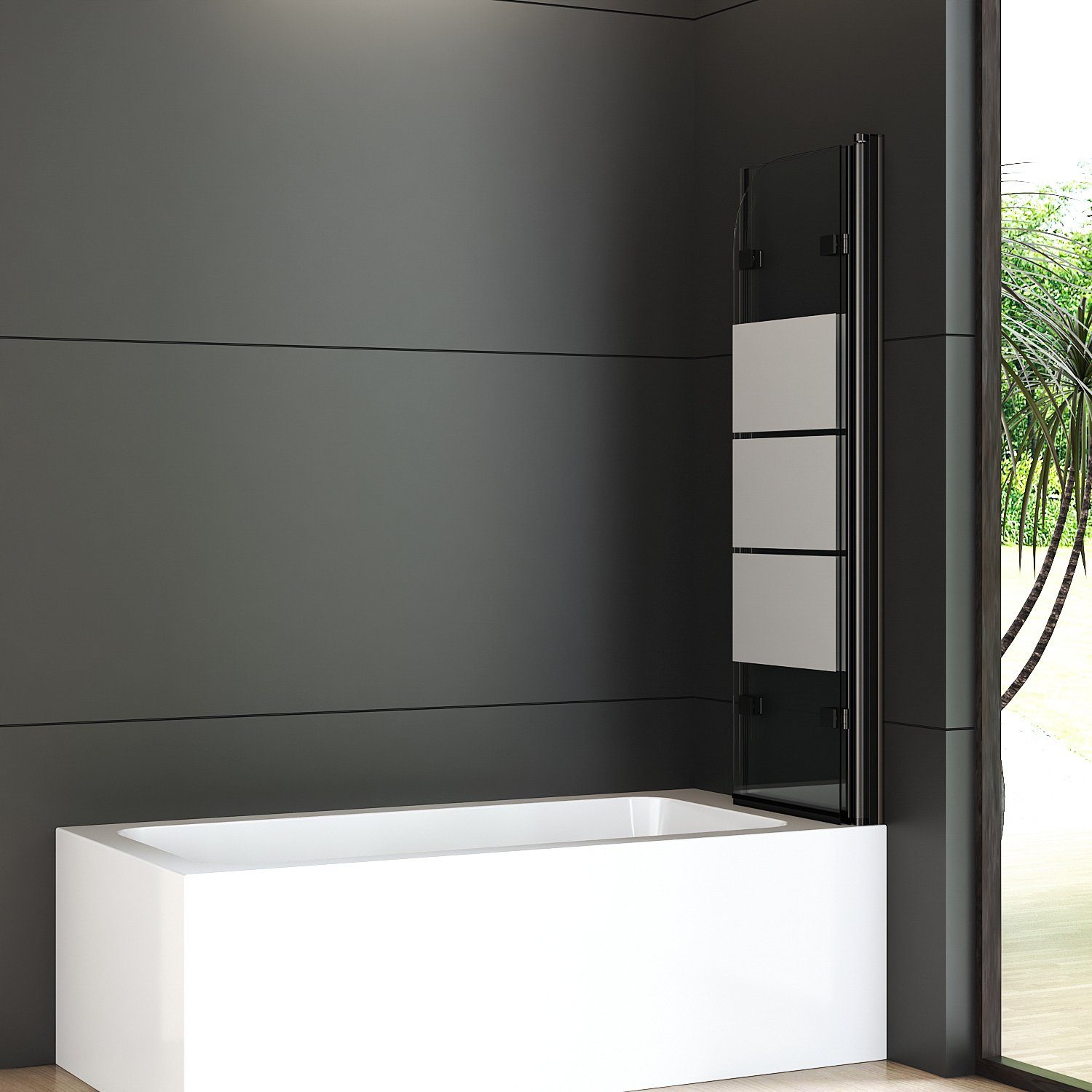 Boromal Badewannenfaltwand Badewannenaufsatz Duschwand 3-teilig Schwarz Faltbar 120cm-130cm, Einscheibensicherheitsglas, 6mm ESG Sicherheitsglas klarglas