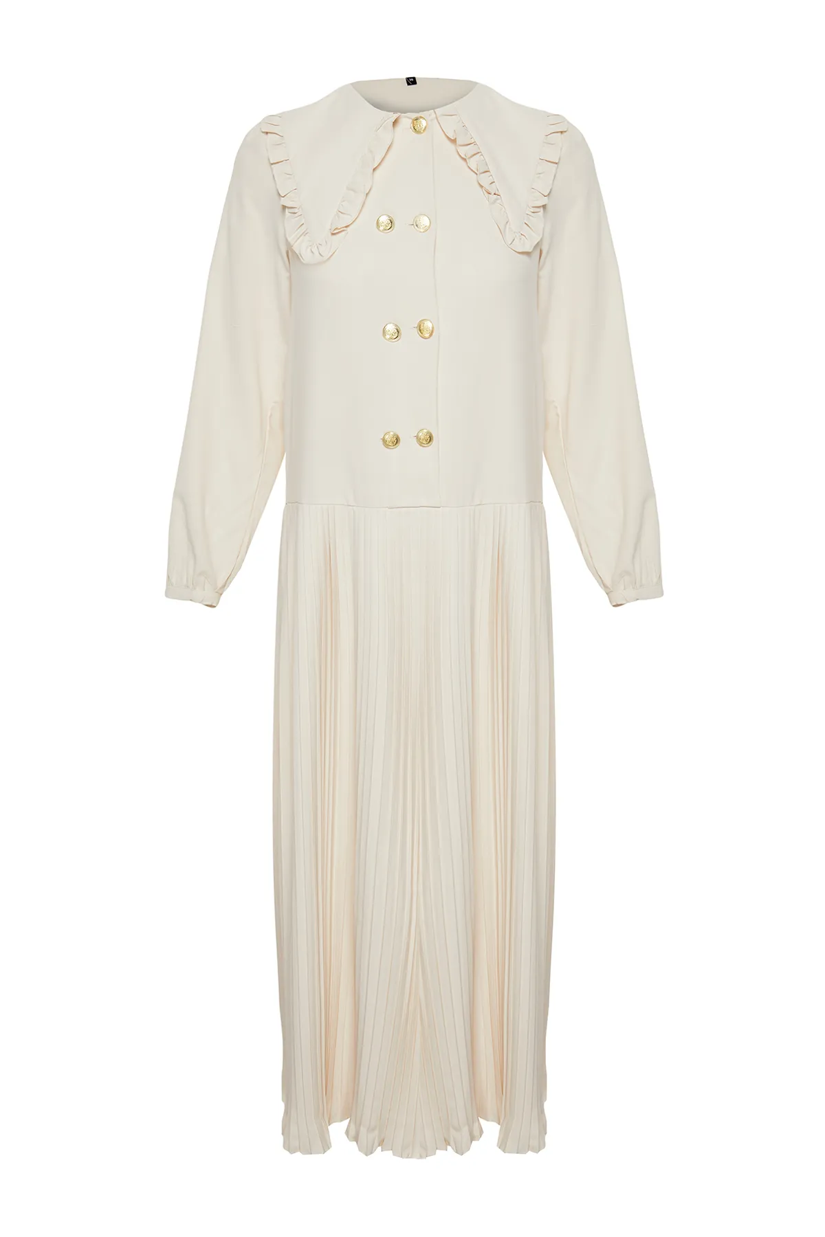 Trendyol Modest  Beiges plissiertes Kleid aus Webstoff mit Babykragen und goldenen Knöpfen TCTSS24EB00196