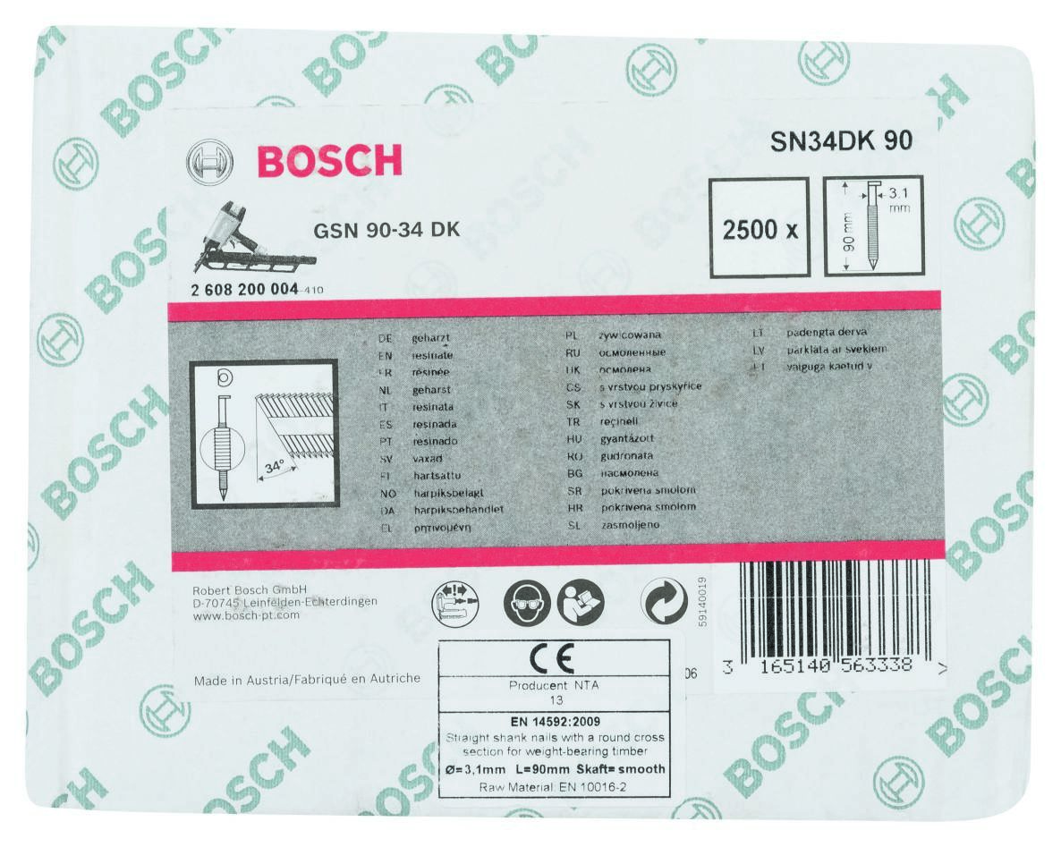 Bosch Blue Accessories 2608200004 SN34 DK 90 Gwoździe taśmowe 34° D-Head Plain Smooth 90 mm 2500 sztuk