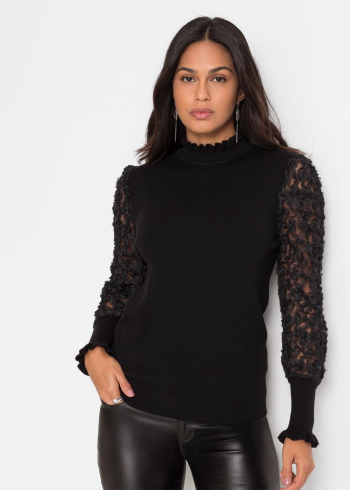 Rollkragenpullover mit dekorativen Chiffonärmeln