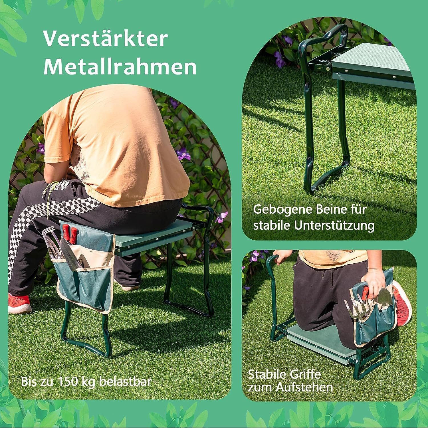 KOMFOTTEU Arbeitshocker Gartenhocker (2 St), klappbar, bis 150kg, mit 1 Werkzeugtaschen