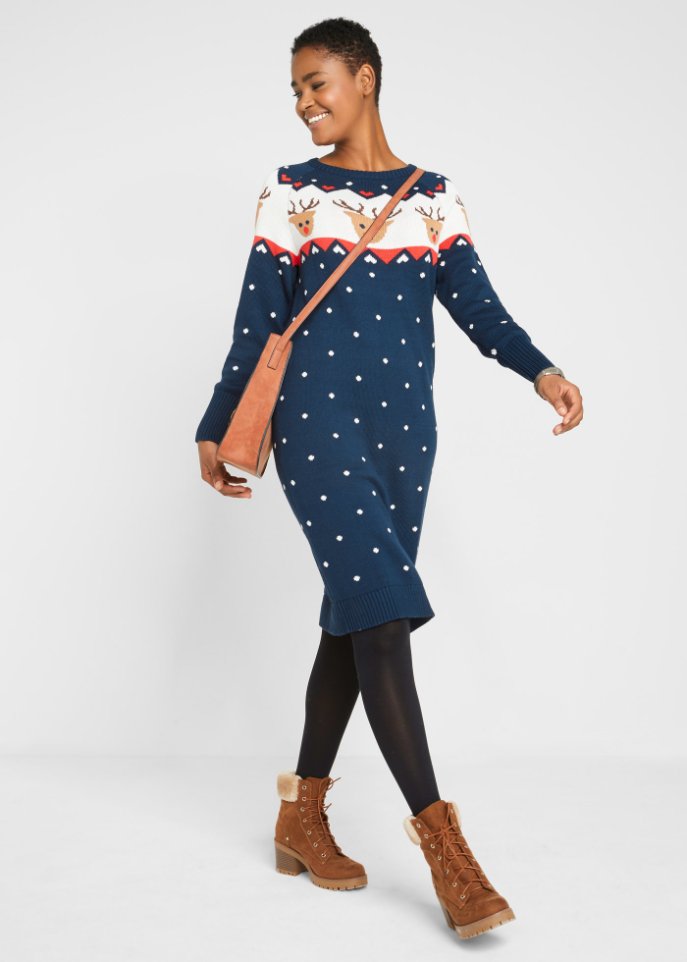 Weihnachts- Strickkleid Rentier, knieumspielend