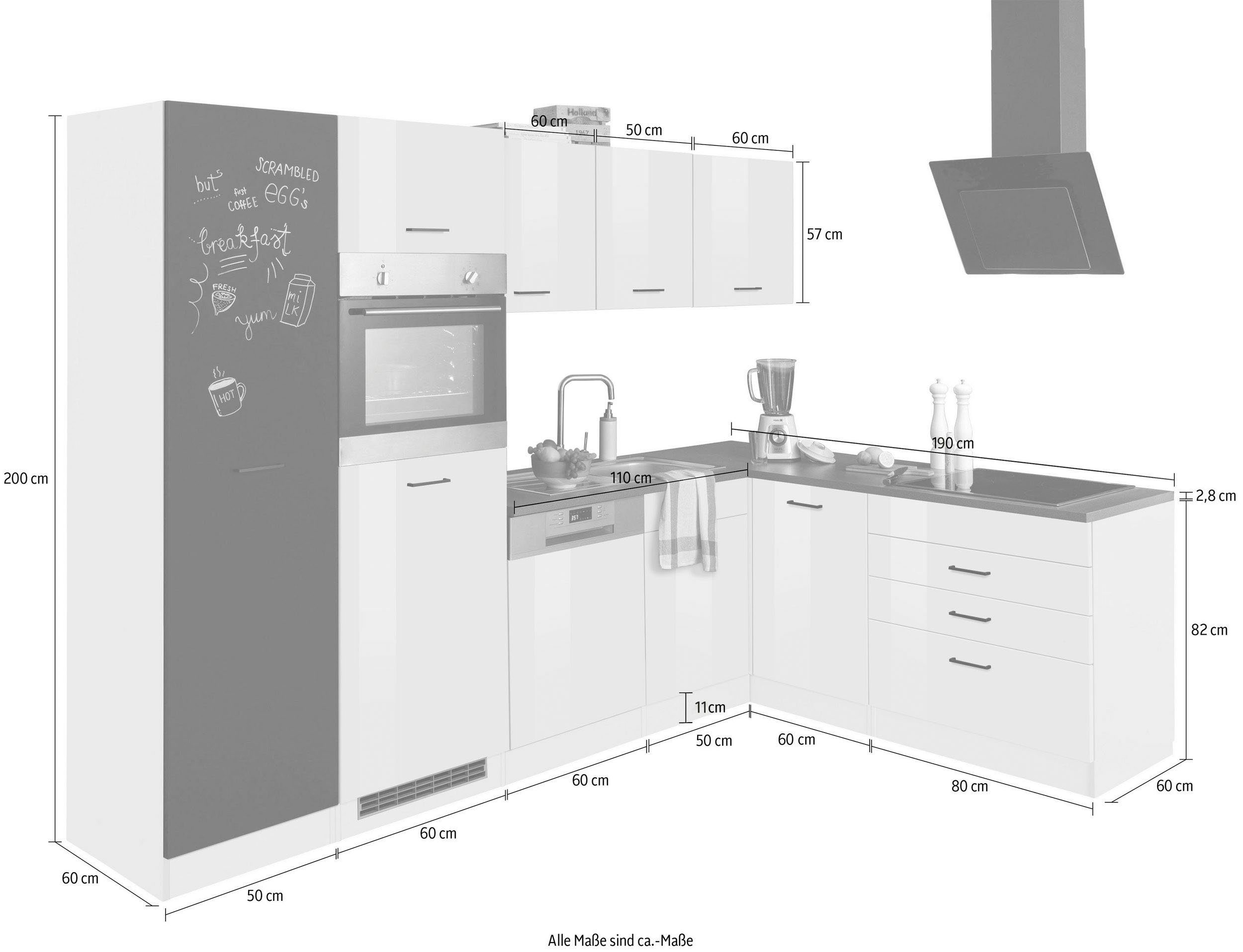 HELD MÖBEL Winkelküche Trier, ohne E-Geräte, Stellbreite 280/190 cm