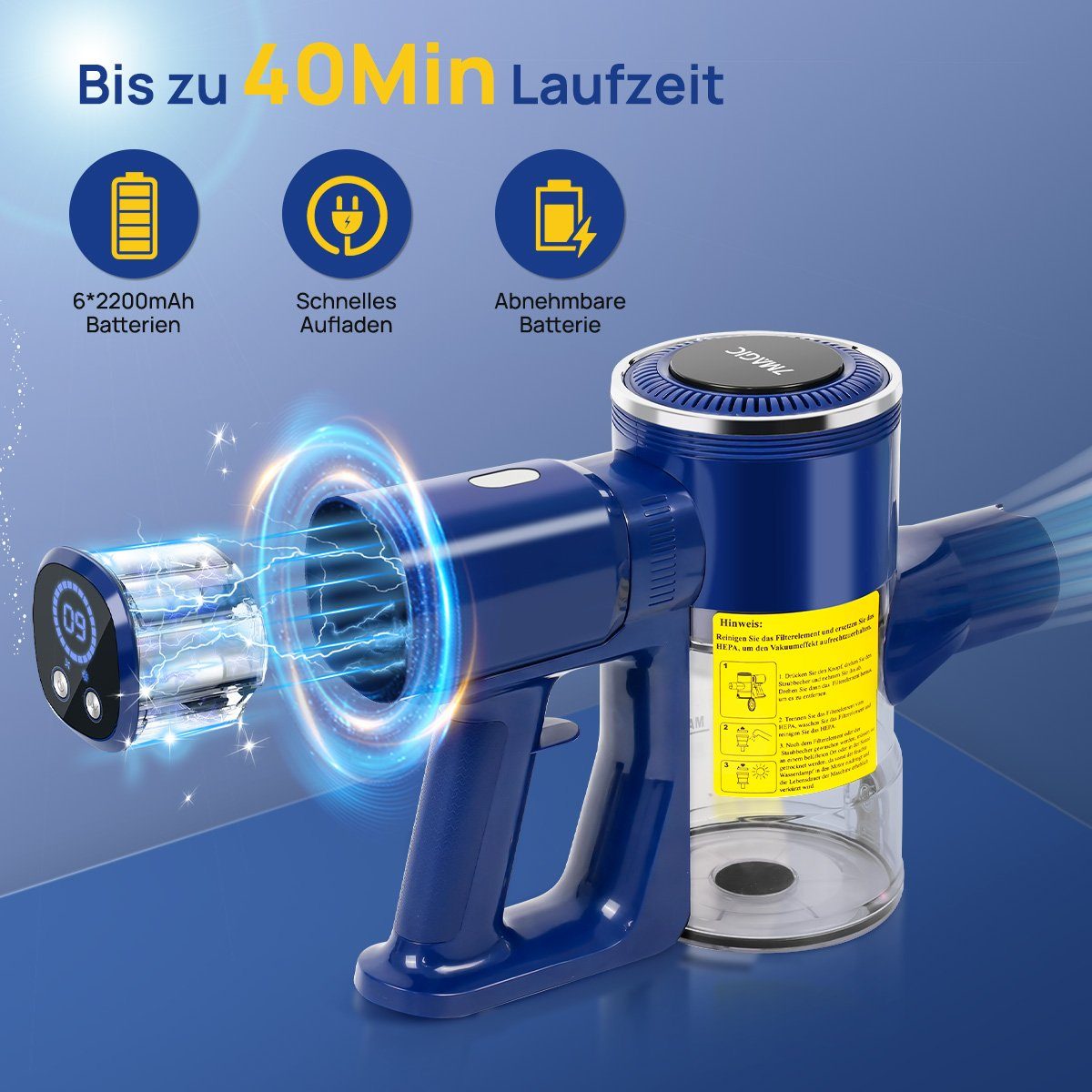 7Magic Akku-Stielstaubsauger Akkustaubsauger, Staubsauger Kabellos mit 25000pa Saugkraft, 160,00 W, beutellos, Mit 1,0L Staubbehälter, 11-stufig verstellbarer Metallstab, 40 Min.