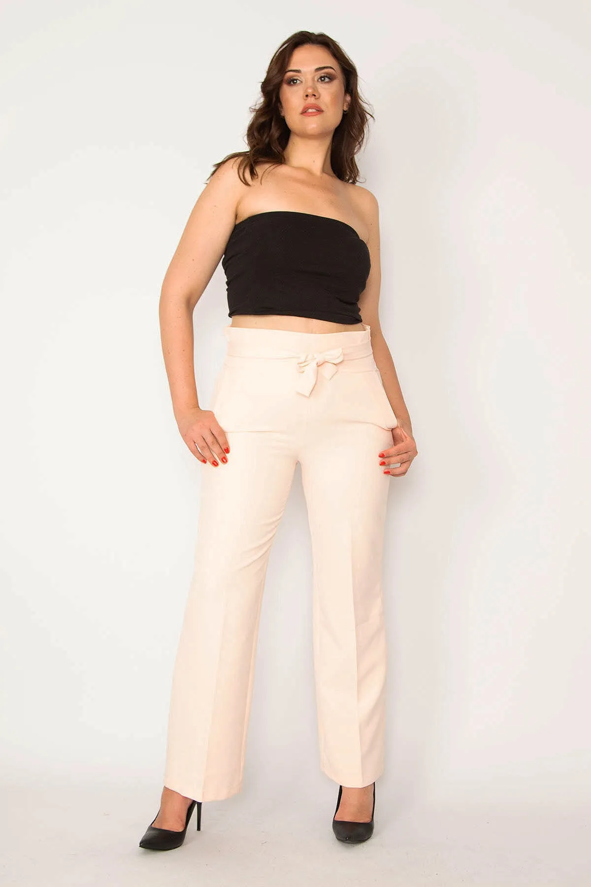 Şans  Damen-Hose in großer Größe, rosa, mit Bindegürtel und seitlichem verstecktem Reißverschluss, 65n33793