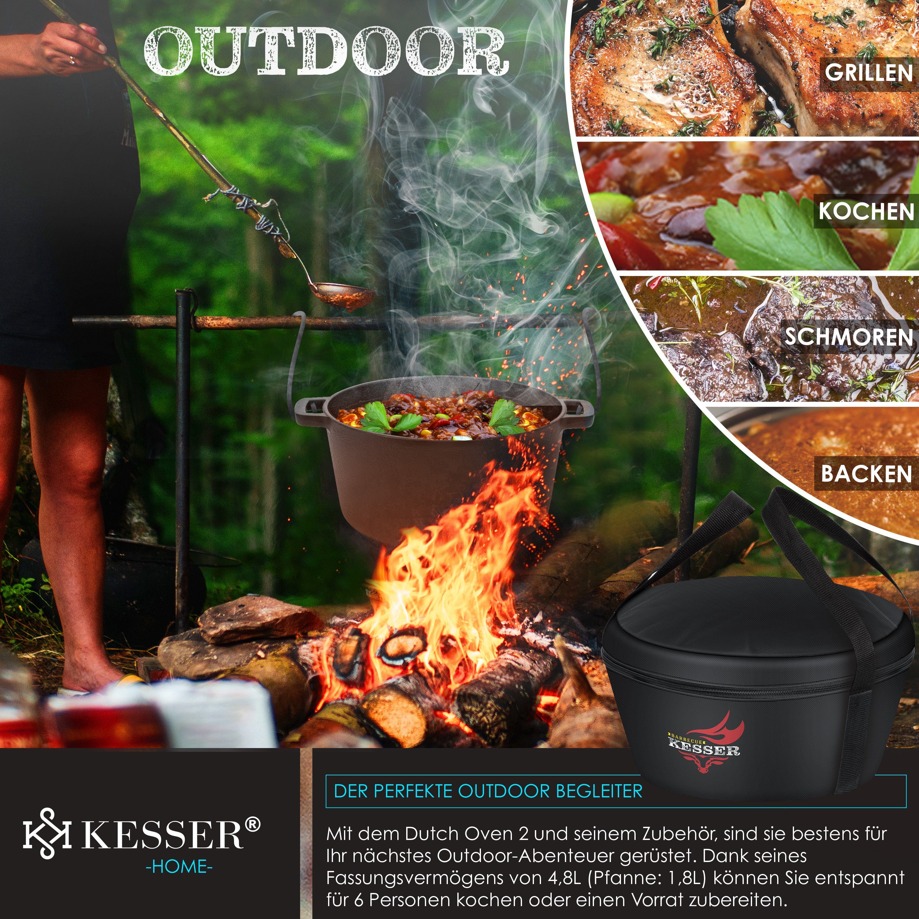 KESSER Feuertopf, Gußeisen, Dutch Oven 2in1 Gusseisen Topf 4,8L und Pfanne 1,8L