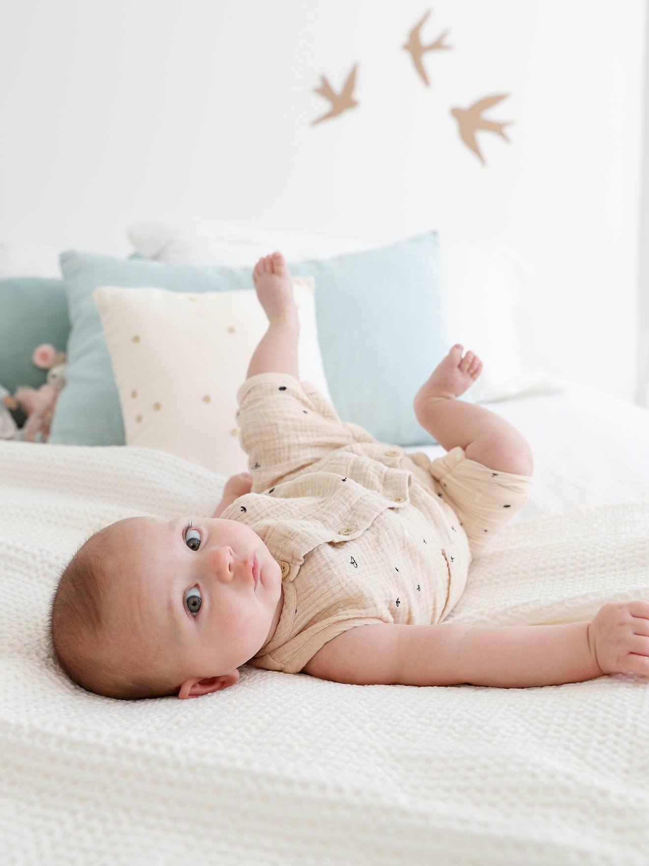 Combinaison bébé naissance garçon en gaze de coton brodée bleu grisé