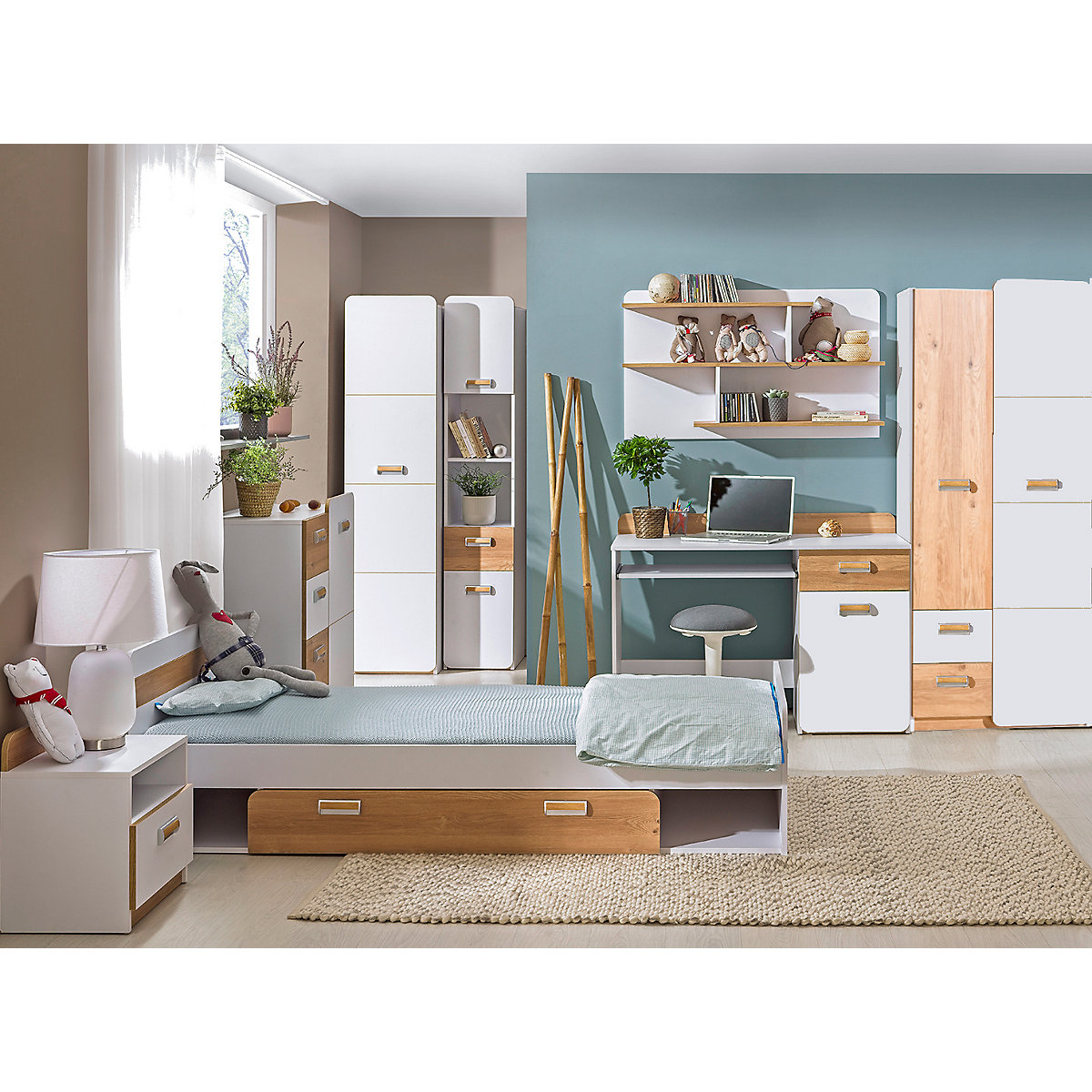 Jugendzimmer Set Lorento 8 teilig Komplett Set in Eiche und Weiß