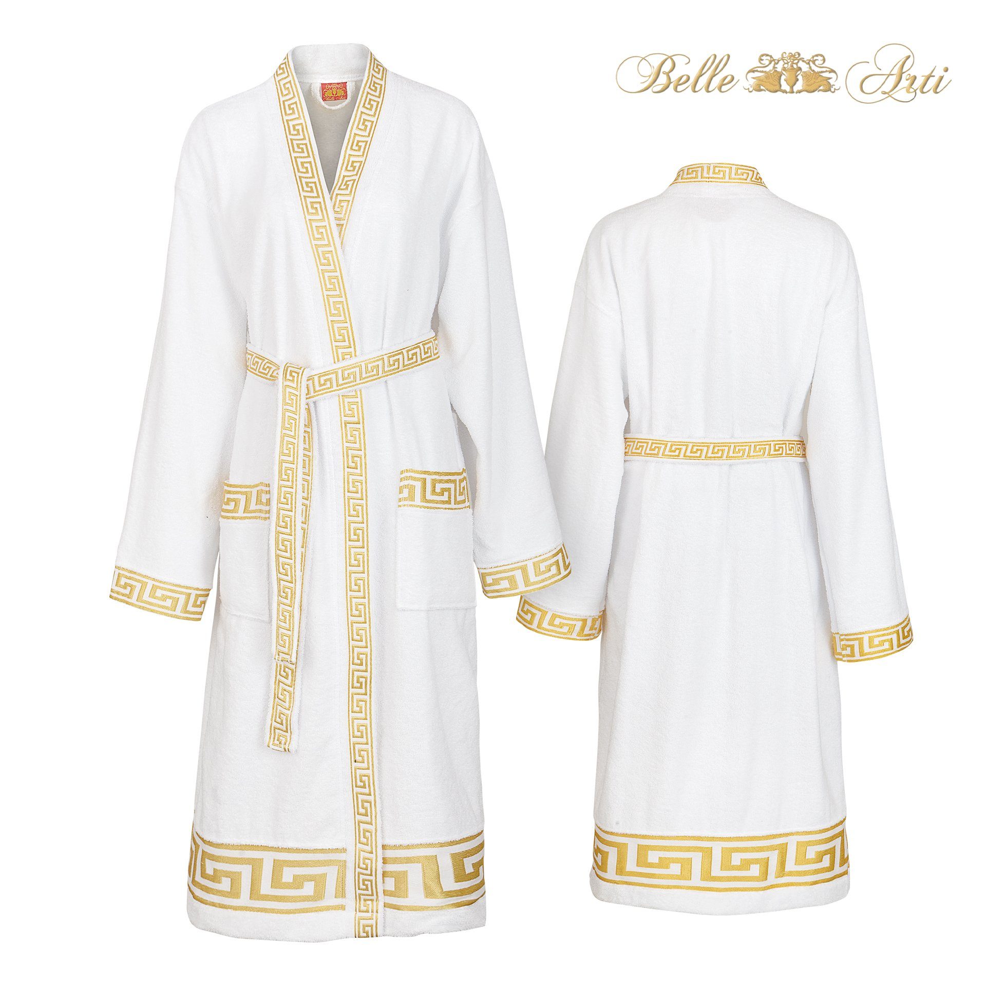 Belle Arti Bademantel Bademantel 100% Baumwolle Damen Herren Mäander Design Schwarz - Weiss, Kimono-Kragen, Gürtel, Unisex, mit 2 Vordertaschen, Kimonokragen und Gürtel, bestickte Bordüre
