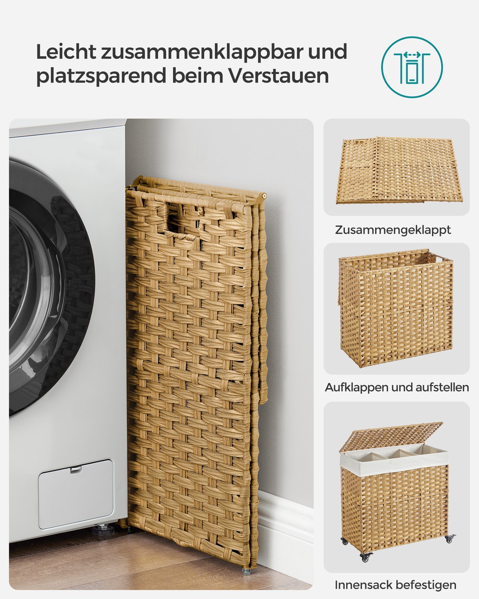 SONGMICS Wäschekorb, 140 L, mit 3 Fächern, herausnehmbare Tasche, Griffe