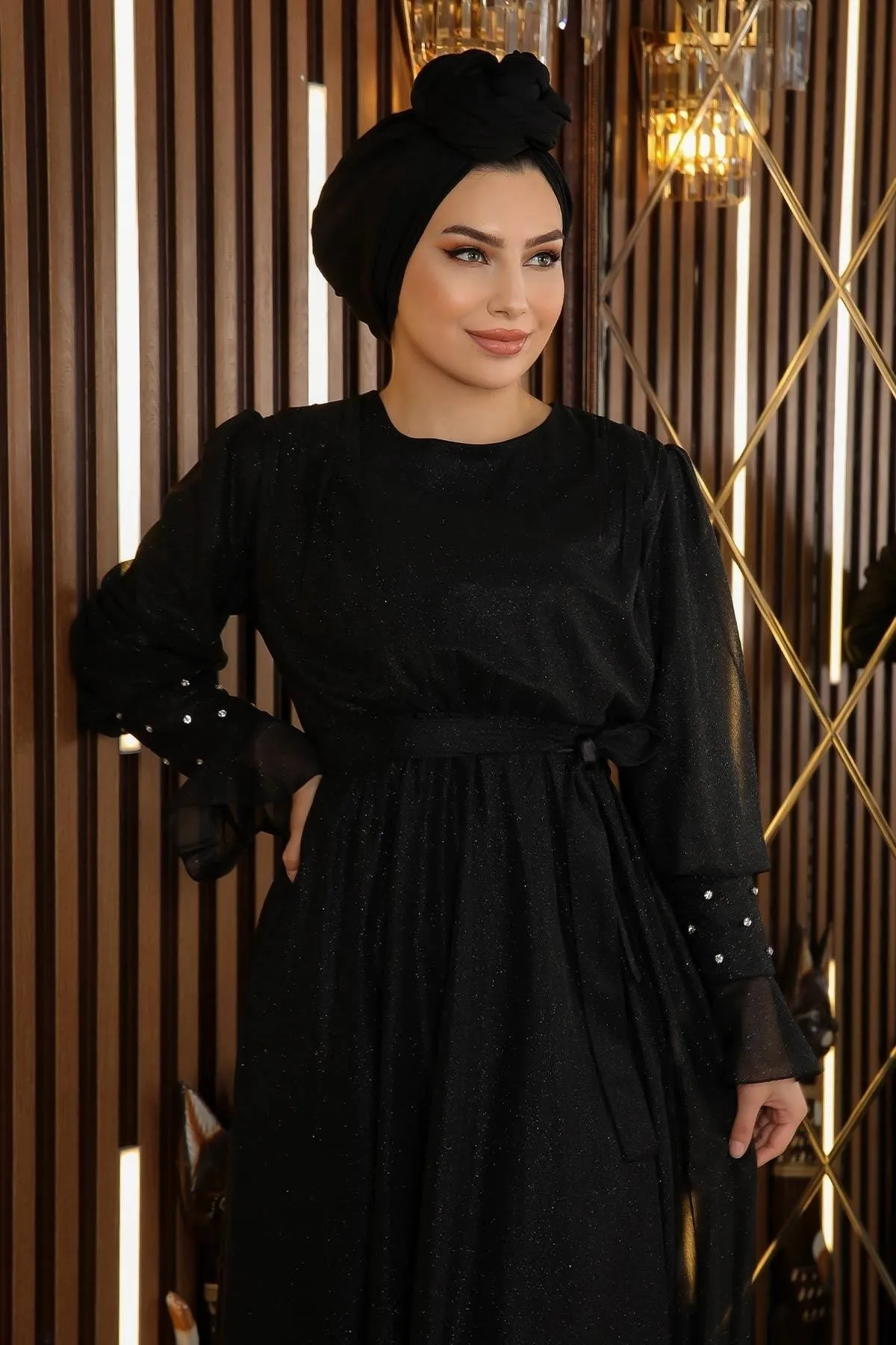 Modamihram  Abendkleid aus Chiffon mit Steindetail und Glitzer, Schwarz 19113