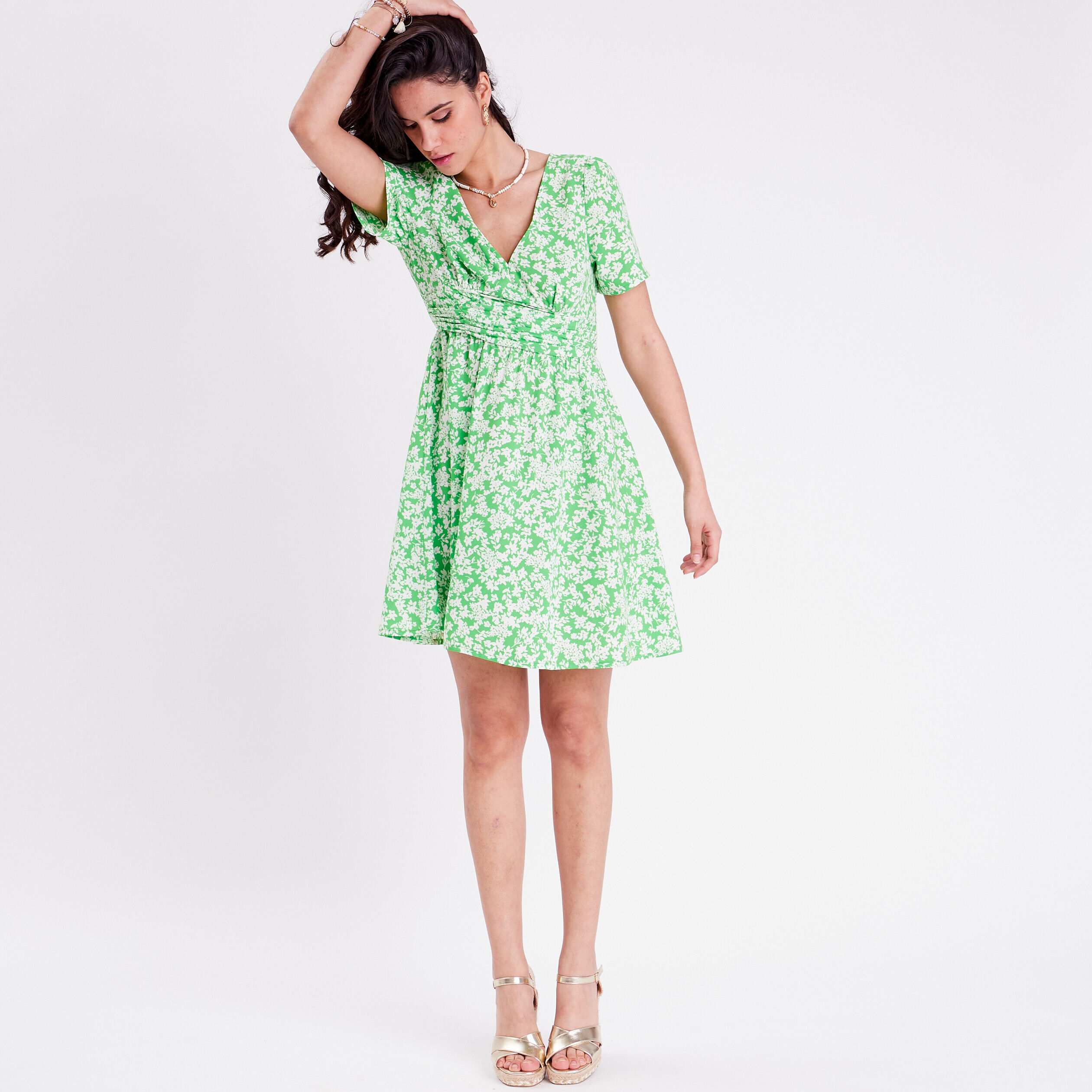 Robe évasée manches courtes vert clair femme | Cache Cache