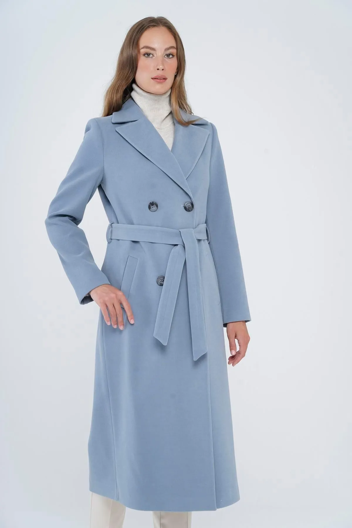 Concept.  Zweireihiger, an der Taille gebundener, mittellanger Mantel, Blau 3754