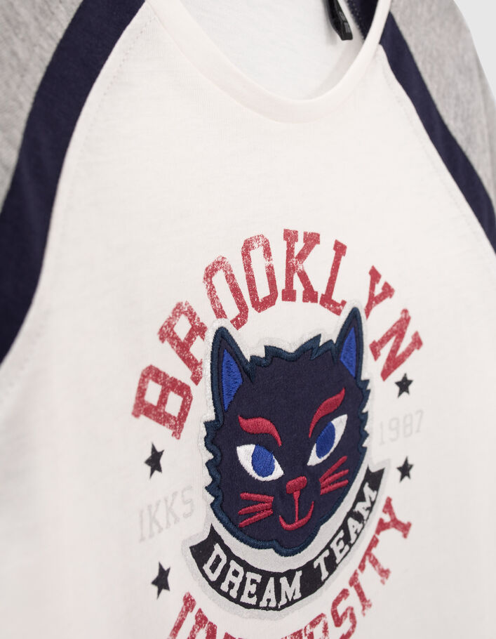 T-shirt blanc cassé coton bio visuel chat brodé fille